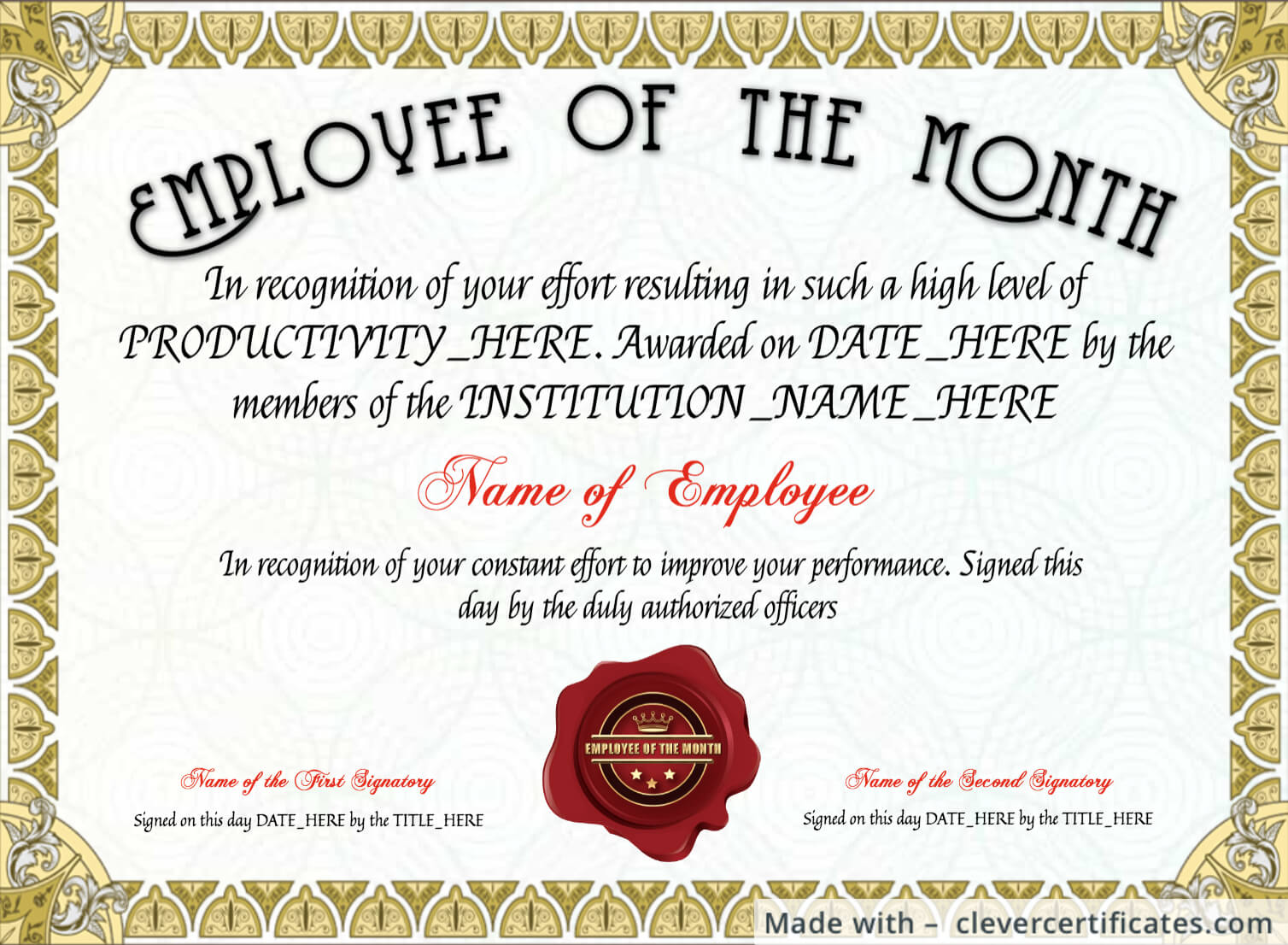 Free Employee Of The Month Certificate Template At In Employee Of The Month Certificate Template With Picture