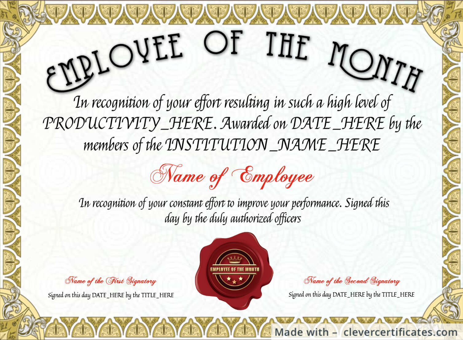 Free Employee Of The Month Certificate Template At Pertaining To Best Employee Award Certificate Templates