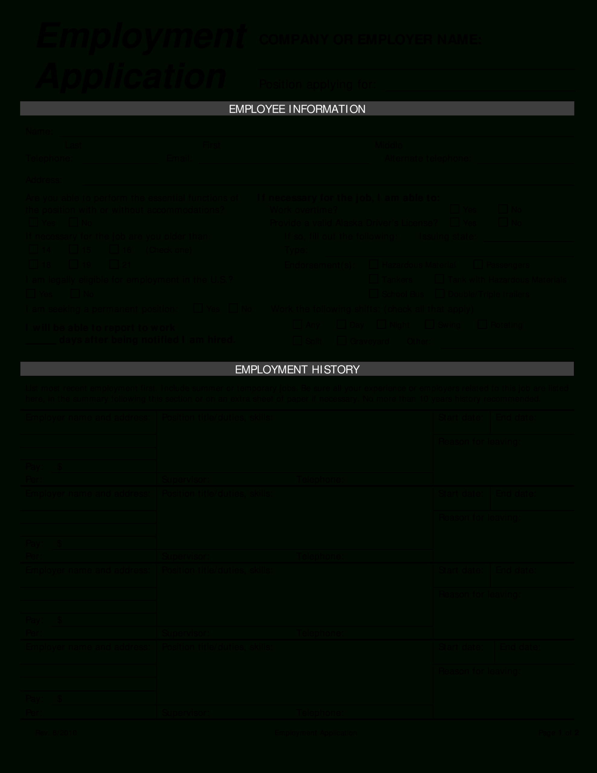 Free Employment Application Form Example | Templates At Throughout Employment Application Template Microsoft Word