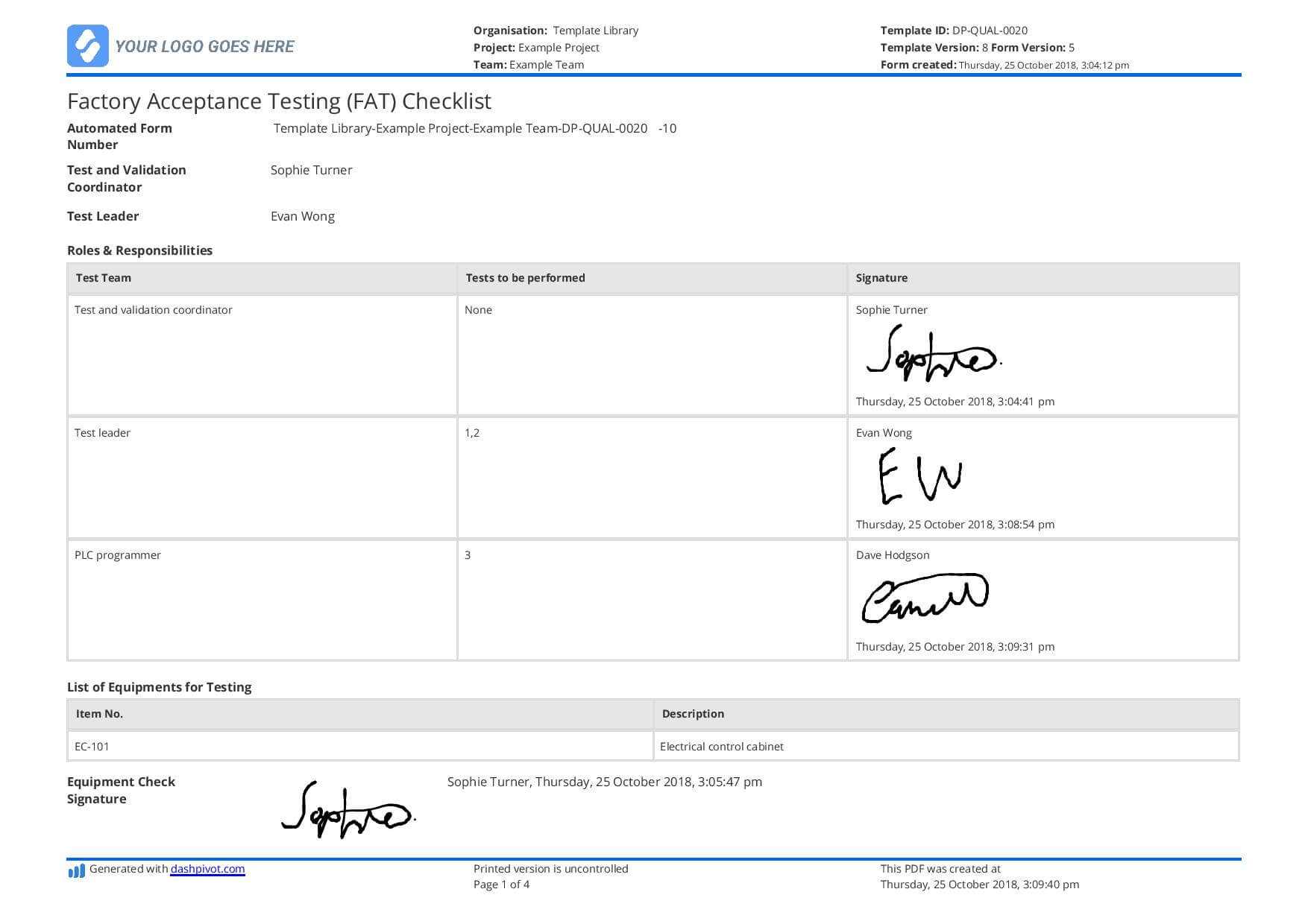 Free Factory Acceptance Testing Checklist (Fat) - Better Pertaining To Acceptance Test Report Template