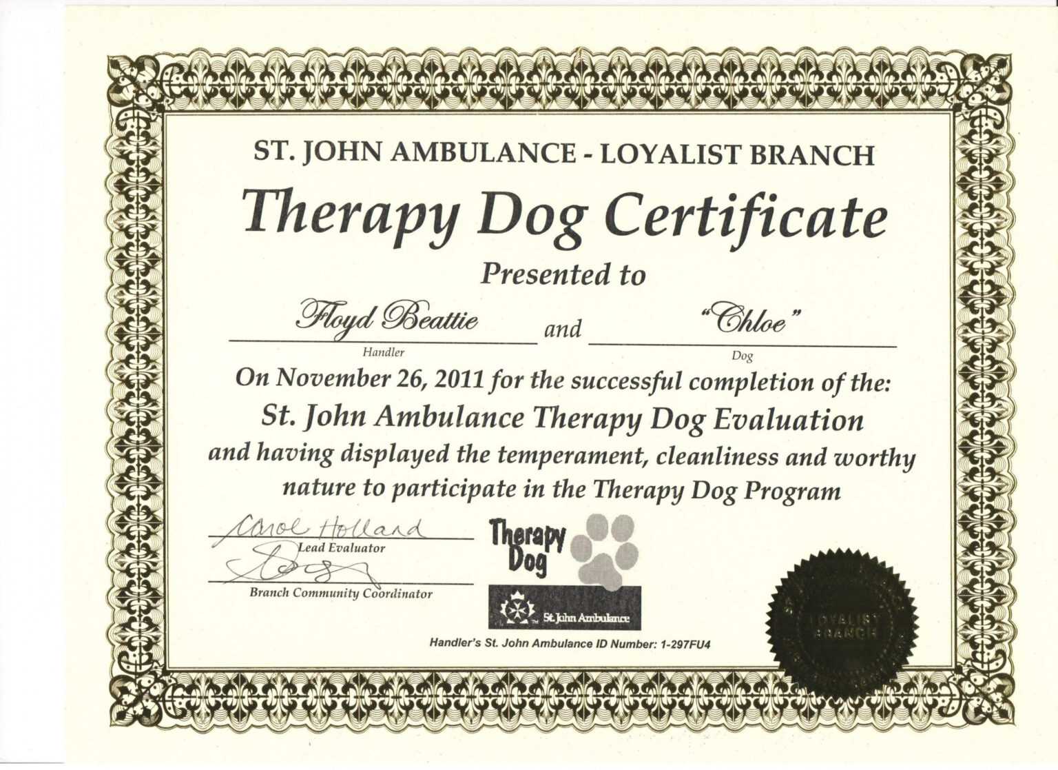 Service Dog Printable Certificate