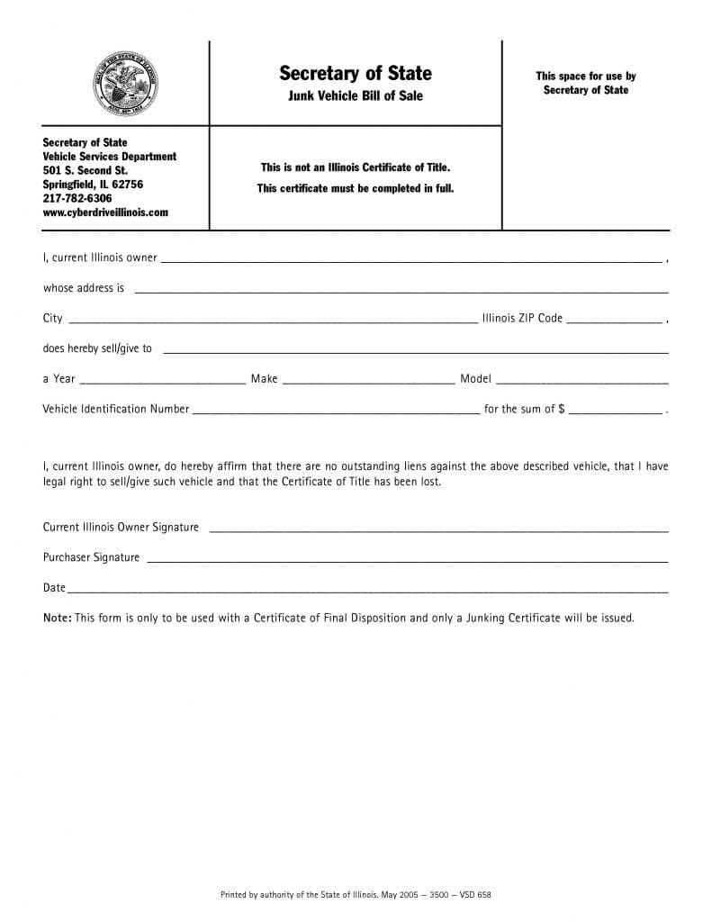 Free Illinois Junk Vehicle Bill Of Sale Form | Pdf | Word Intended For Certificate Of Disposal Template