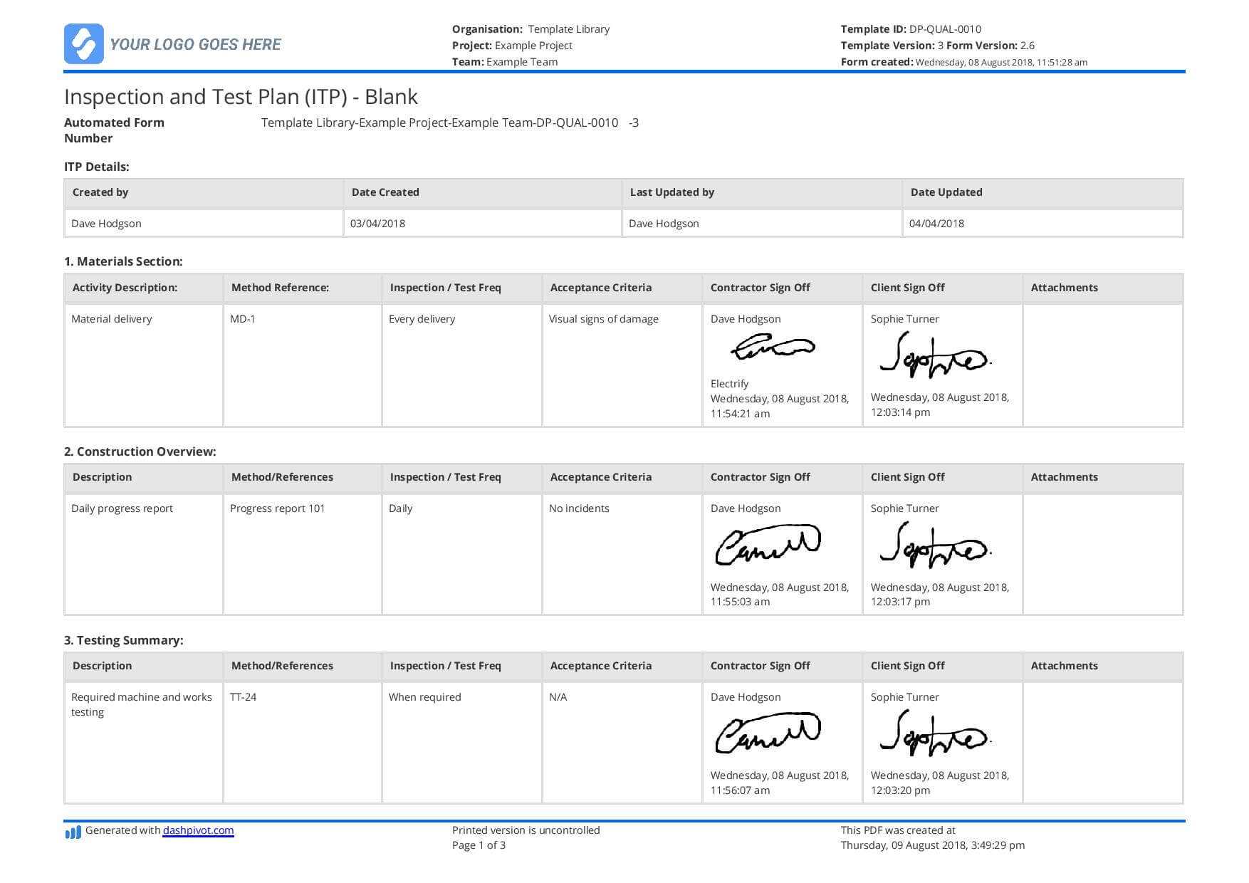 Free Inspection And Test Plan Template (Better Than Excel In Test Template For Word