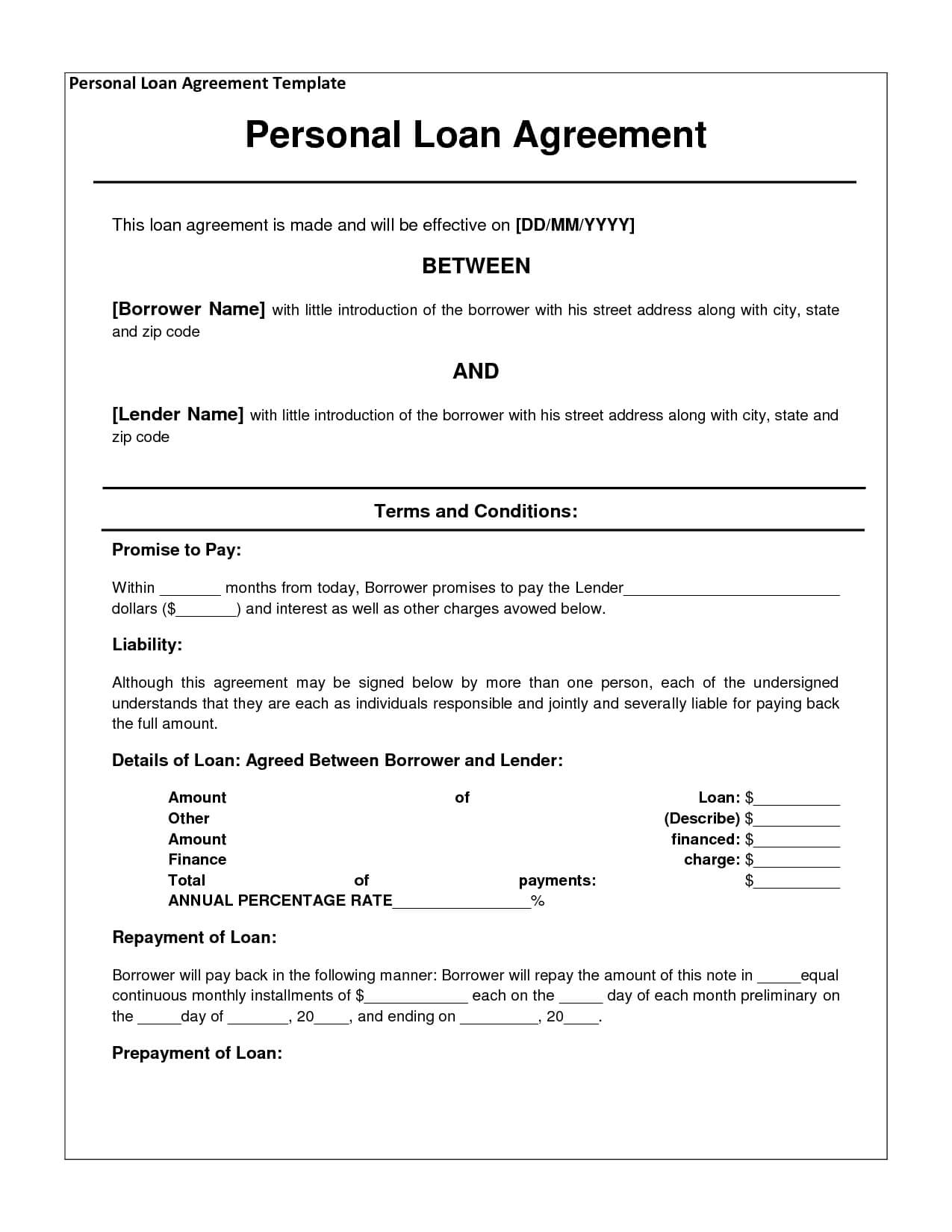 Free Personal Loan Agreement Form Template – $1000 Approved Regarding Blank Loan Agreement Template