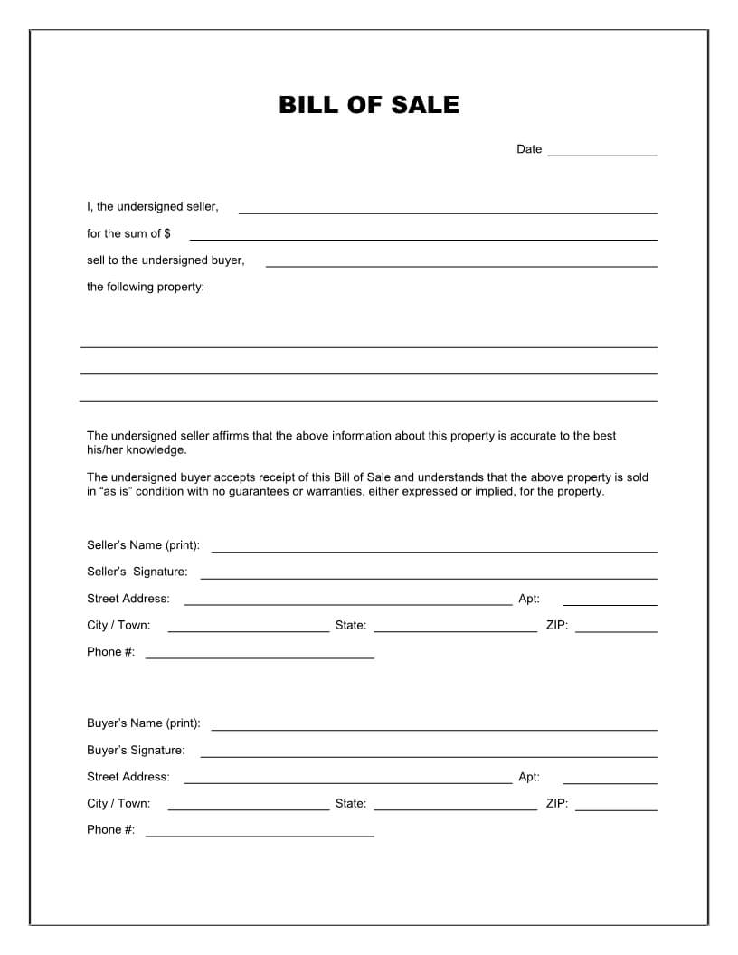 Free Printable Blank Bill Of Sale Form Template - As Is Bill For Blank Legal Document Template