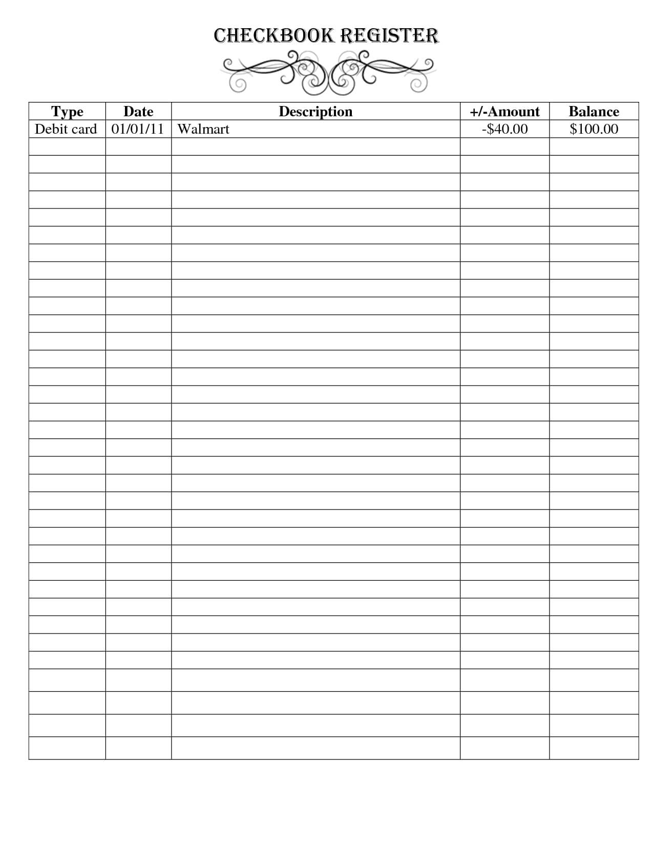 printable blank checkbook register