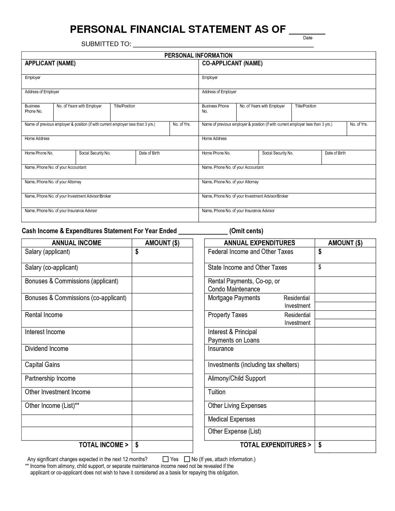 Free Printable Personal Financial Statement | Blank Personal Inside Blank Personal Financial Statement Template