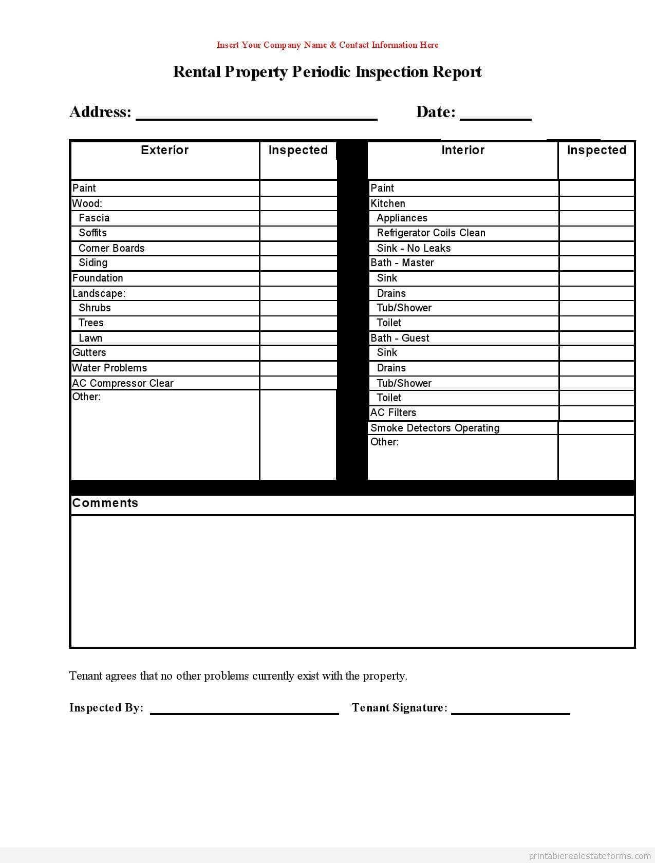 Free Printable Rental Property Periodic Inspection Report Intended For Property Management Inspection Report Template