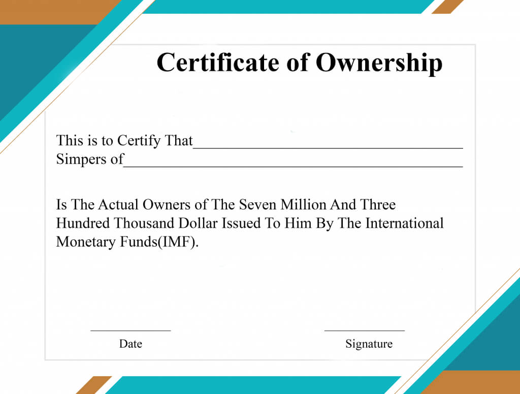 Free Sample Certificate Of Ownership Templates | Certificate With Regard To Certificate Of Ownership Template