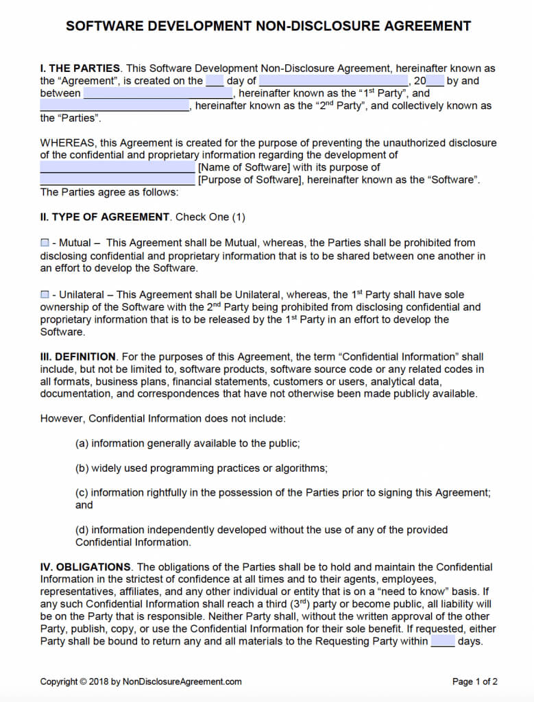 Free Software Development Non Disclosure Agreement (Nda For Nda Template Word Document