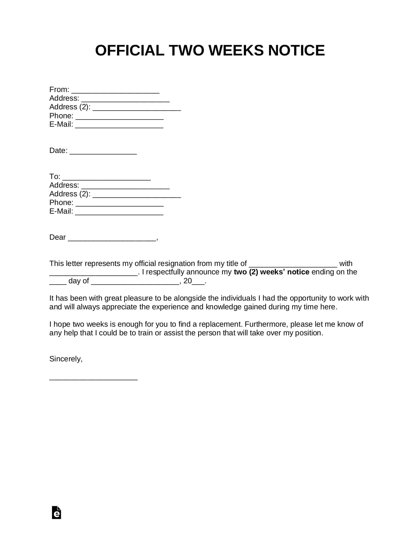 Free Two Weeks Notice Letter | Templates & Samples – Pdf With Two Week Notice Template Word