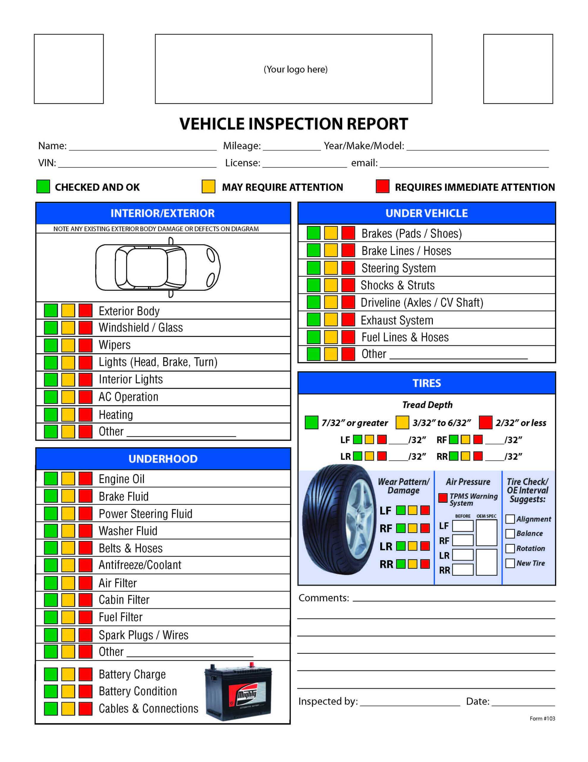 Free Vehicle Inspection Checklist Form | Vehicle Inspection Intended For Vehicle Checklist Template Word