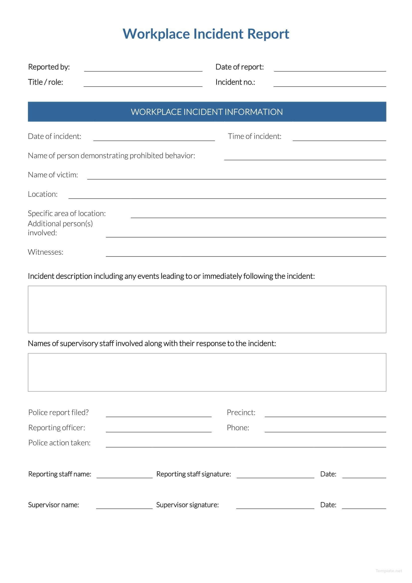 Free Workplace Incident Report | Incident Report, Report Intended For Office Incident Report Template