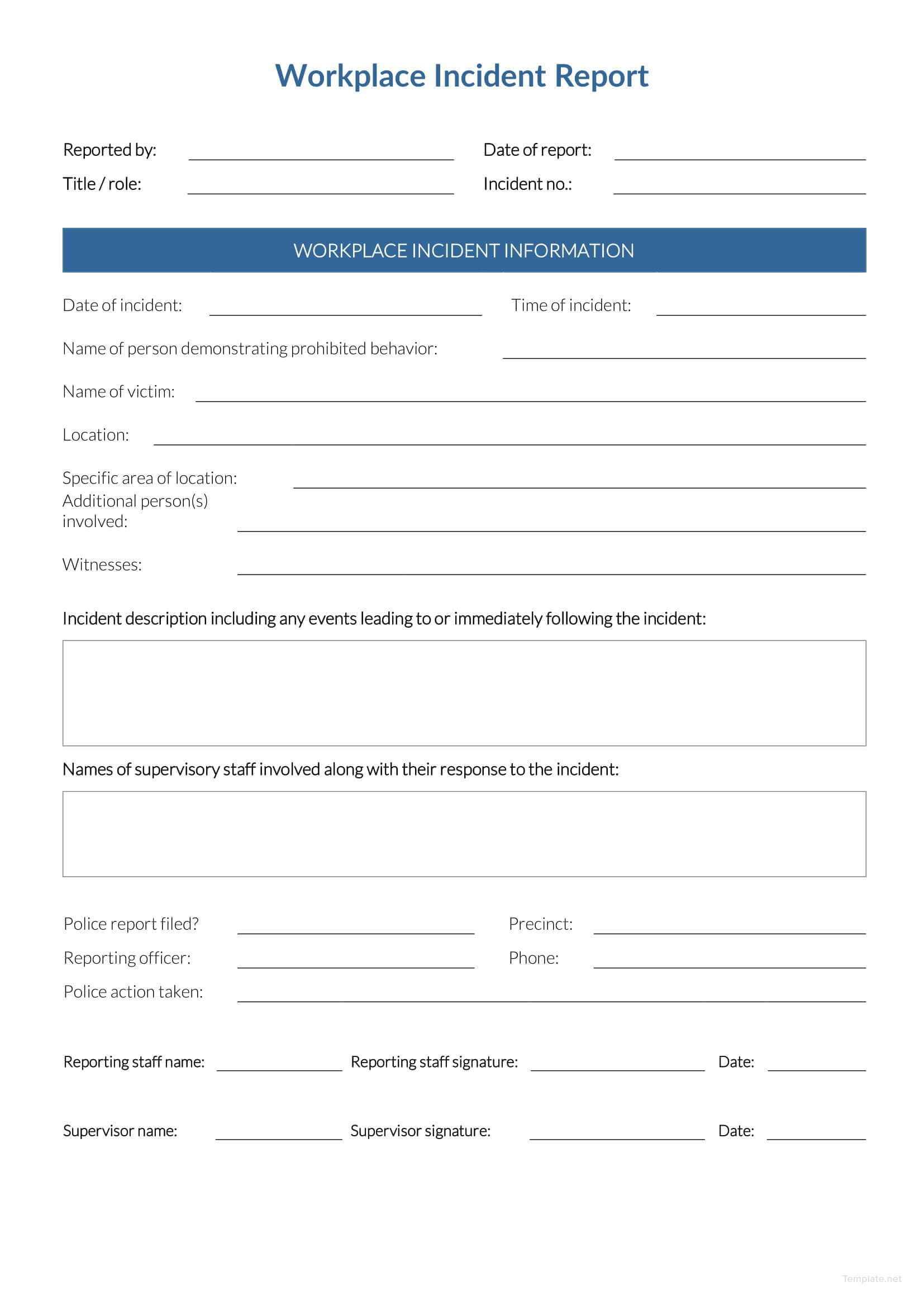 Free Workplace Incident Report | Incident Report, Report Regarding Incident Report Form Template Doc