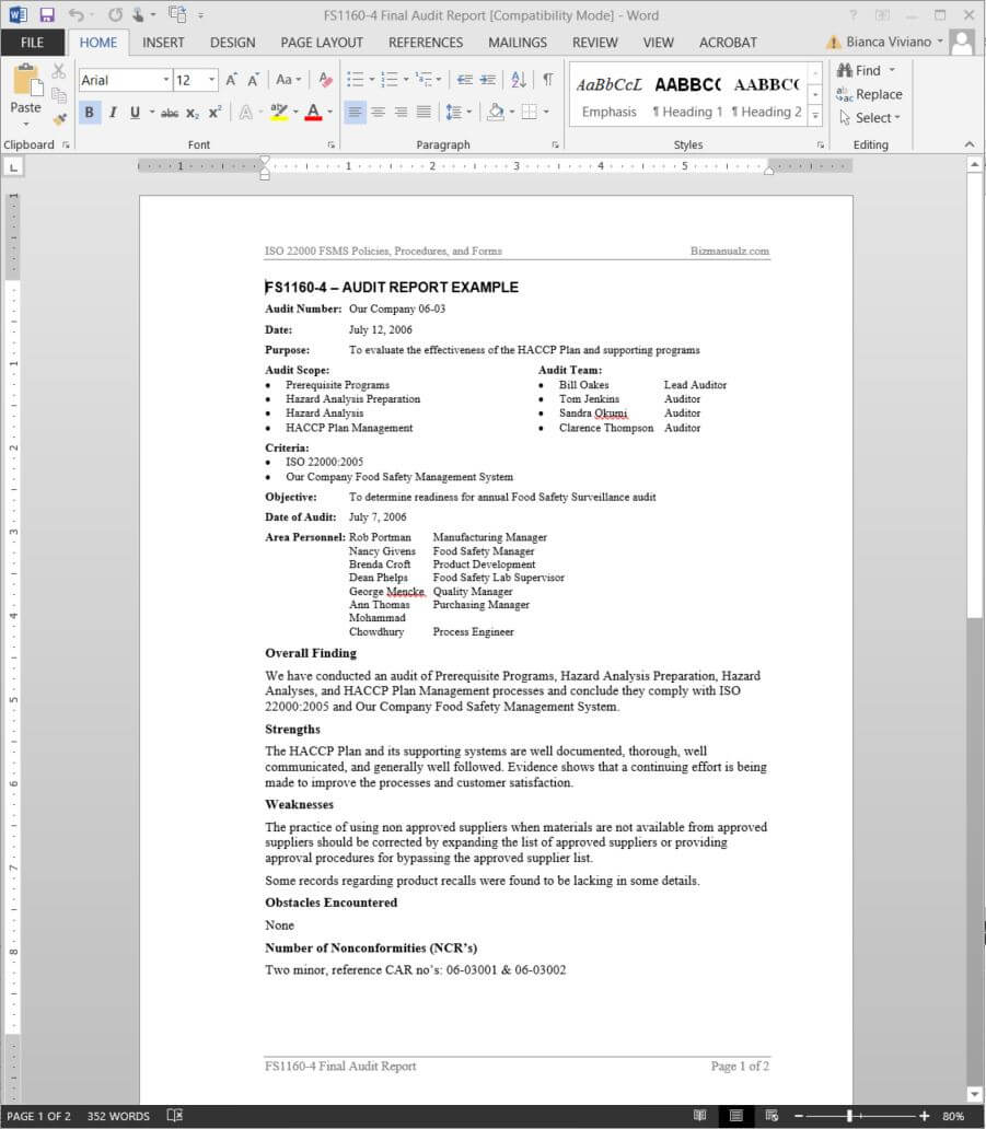 Fsms Audit Report Example Template | Fds1160 4 Inside Internal Audit Report Template Iso 9001