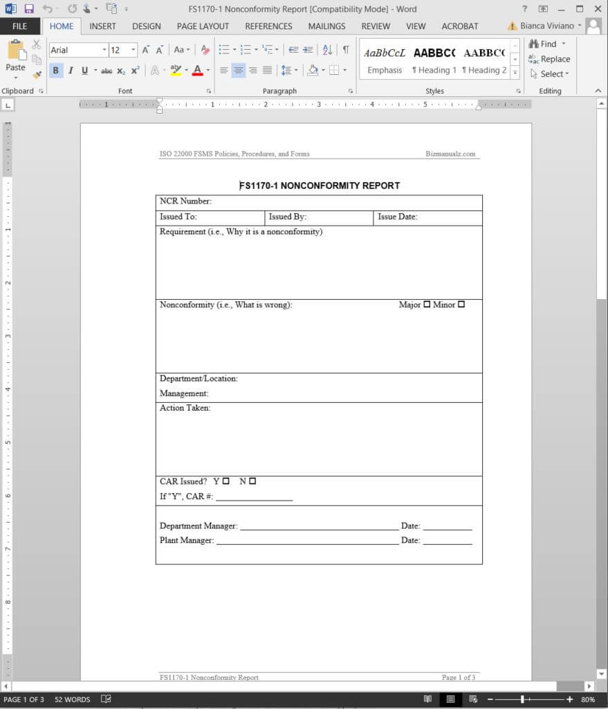 Fsms Nonconformity Report Template | Fds1170 1 With Regard To Non Conformance Report Template