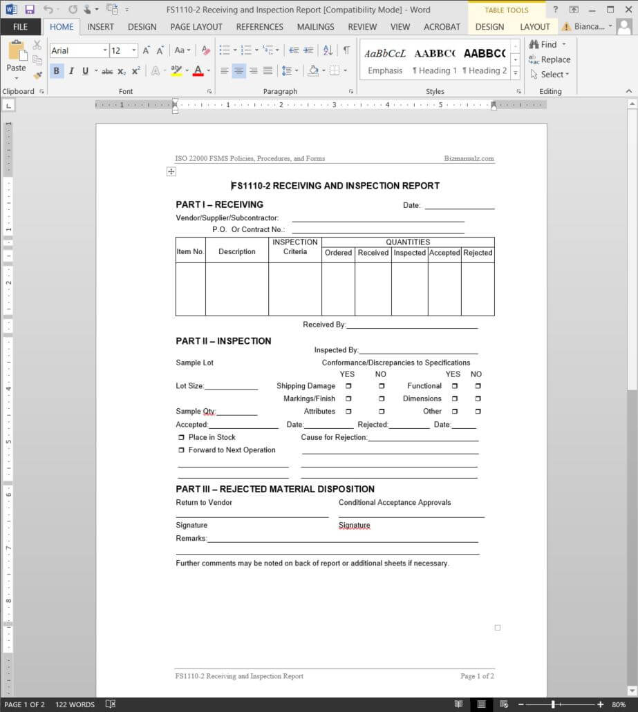Fsms Receiving Inspection Report Template | Fds1110 2 Throughout Part Inspection Report Template