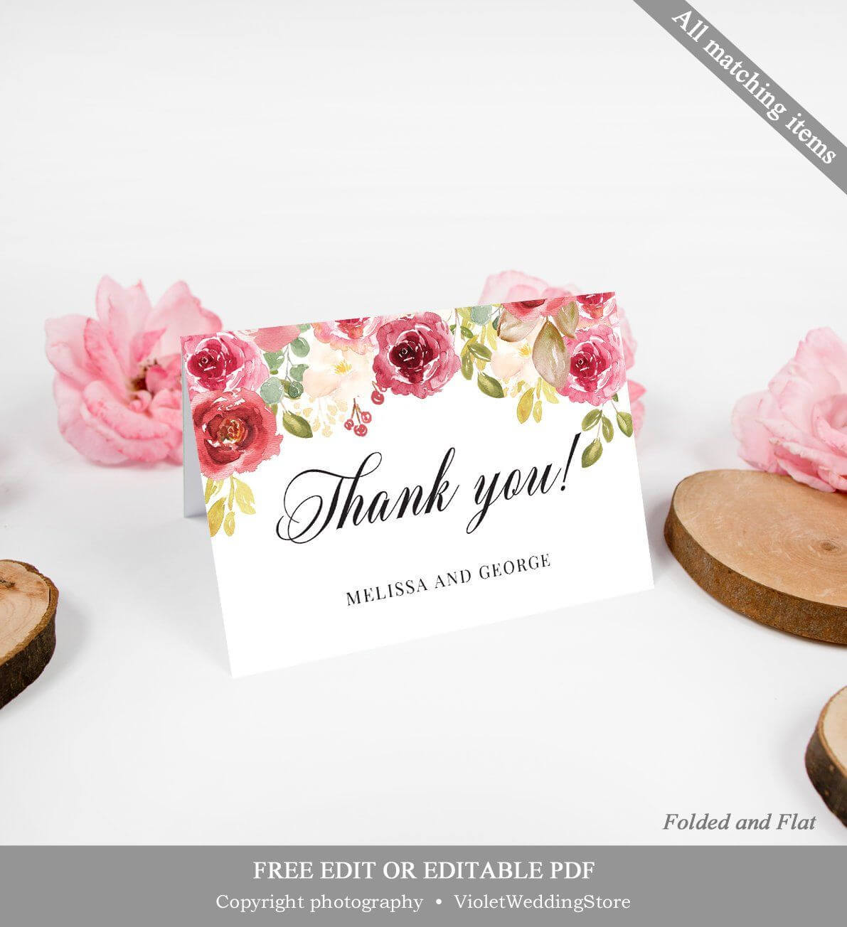 Fully Editable Burgundy Thank You Card, Printable Blush Pink With Powerpoint Thank You Card Template