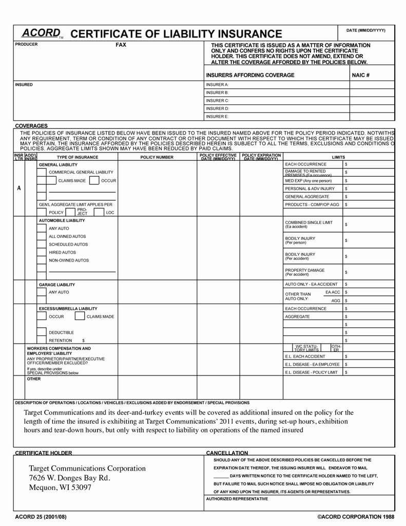 General Liability Acord Form 125 Lovely Certificate In Certificate Of Liability Insurance Template