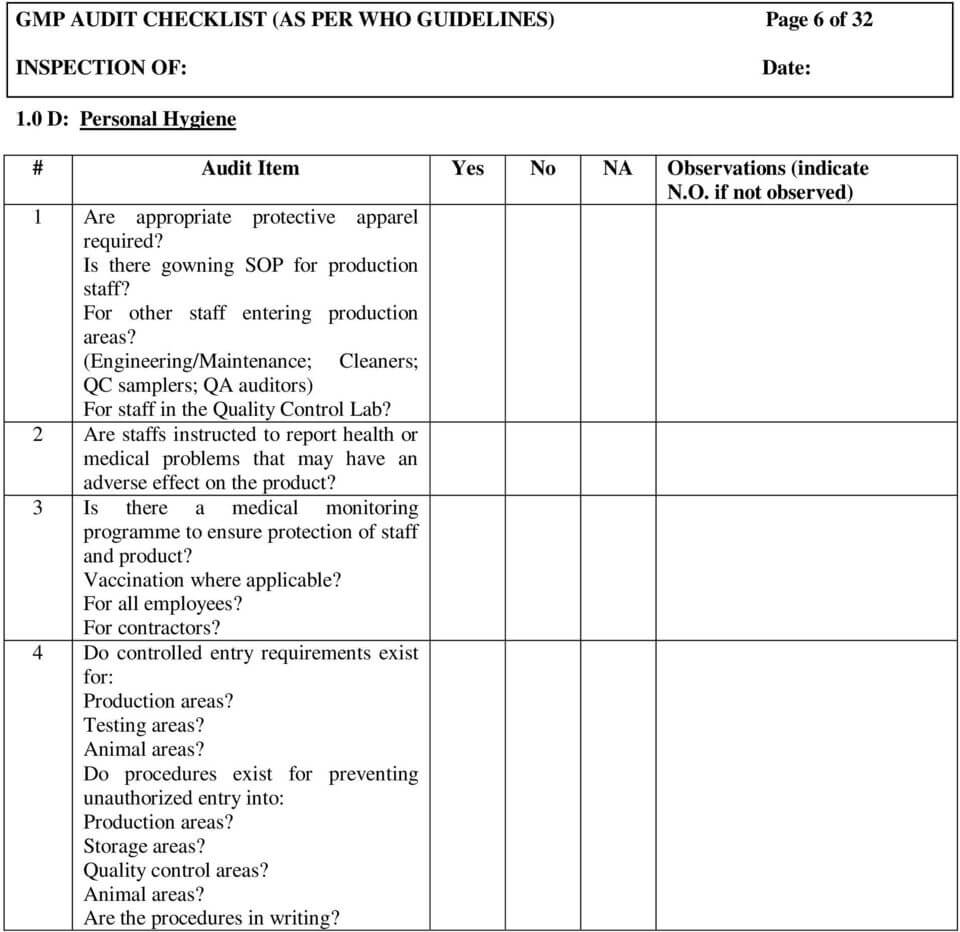 Gmp Audit Checklist (As Per Who Guidelines) Page 1 Of 32 Intended For Gmp Audit Report Template