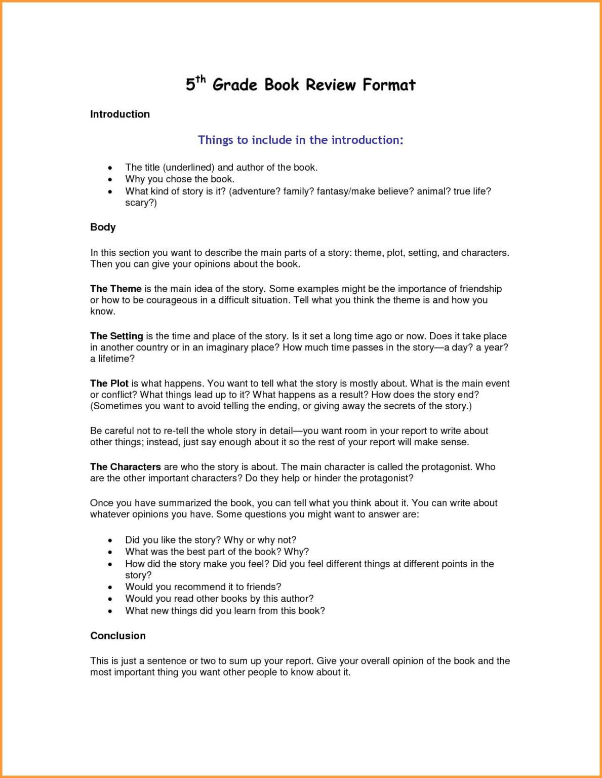 book report form for 5th grade