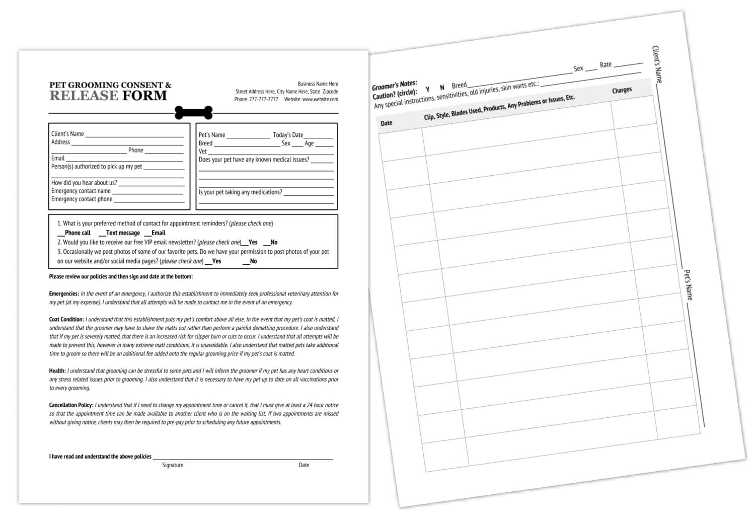 Grooming Release Form Template & Printable Pdf | Dog For Dog Grooming Record Card Template