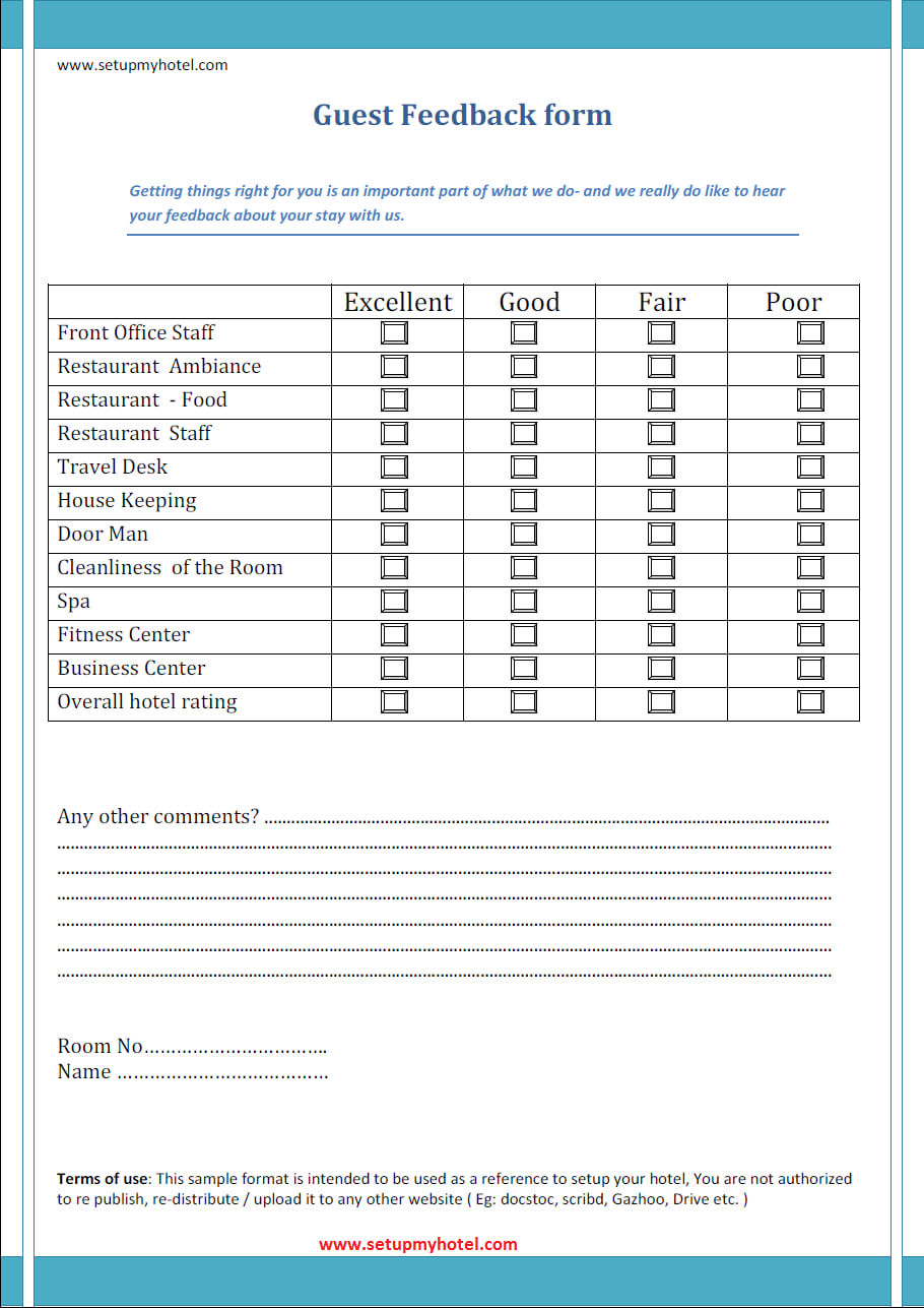 Guest Feedback Format Sample | Hotels |Resorts | Feedback With Regard To Restaurant Comment Card Template