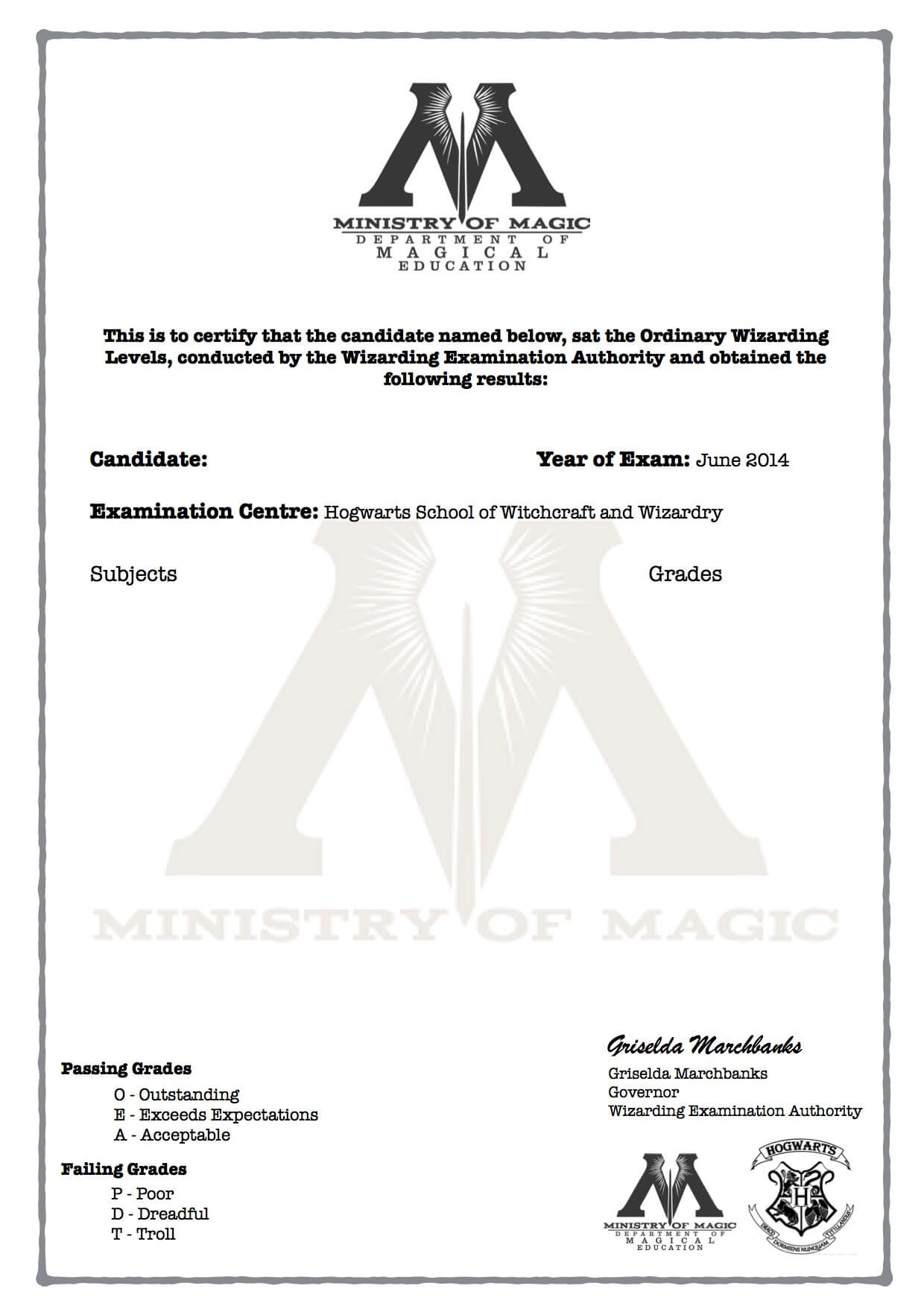 Harry Potter O W L S Certificate Blank Template Hogwarts Throughout Harry Potter Certificate Template