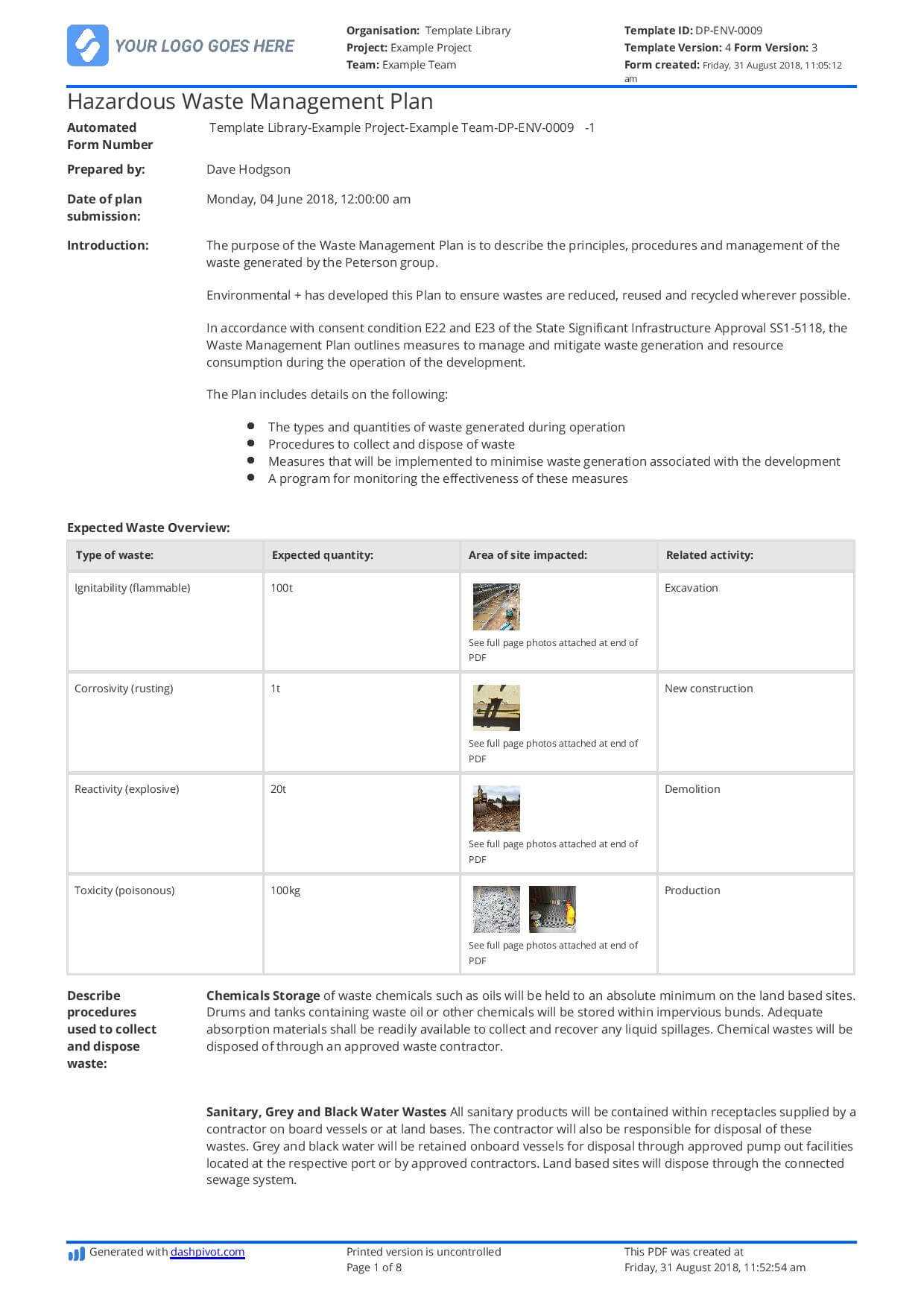 Hazardous Waste Management Plan Template - Free And Editable Intended For Waste Management Report Template