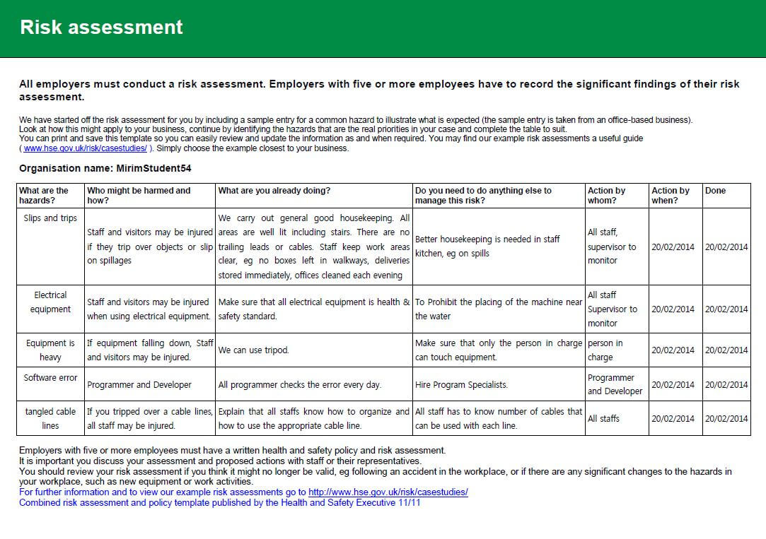 Health And Safety Implications / Risk Assessment Report With Health Check Report Template