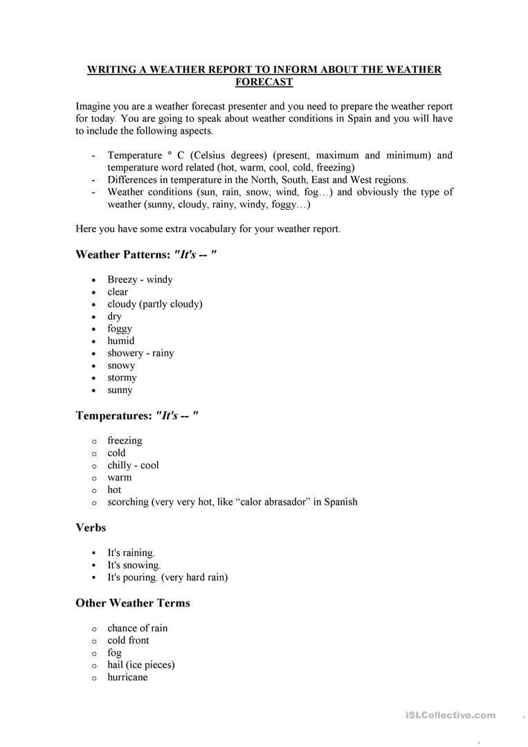 How To Write A Weather Report – English Esl Worksheets For Kids Weather Report Template