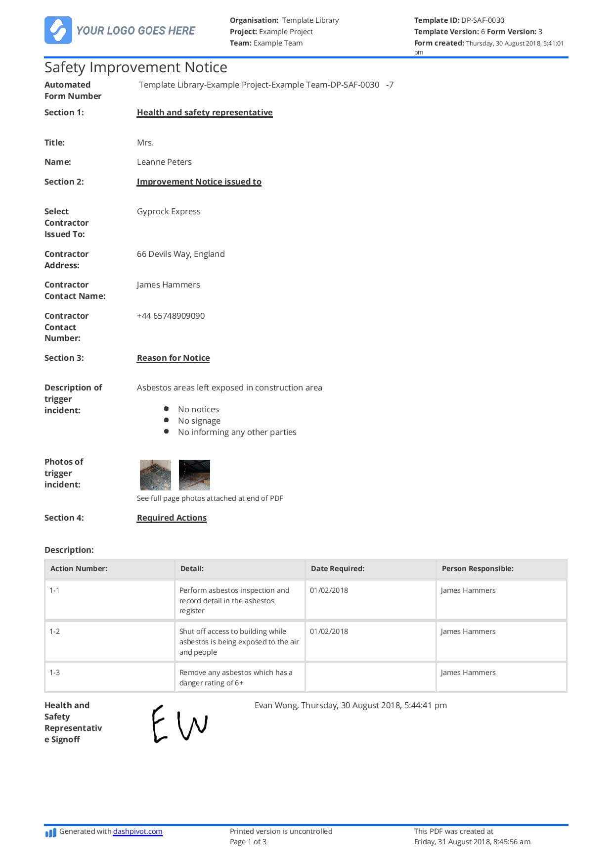 Hse Improvement Notice Example: Free To Use And Editable Intended For Hse Report Template