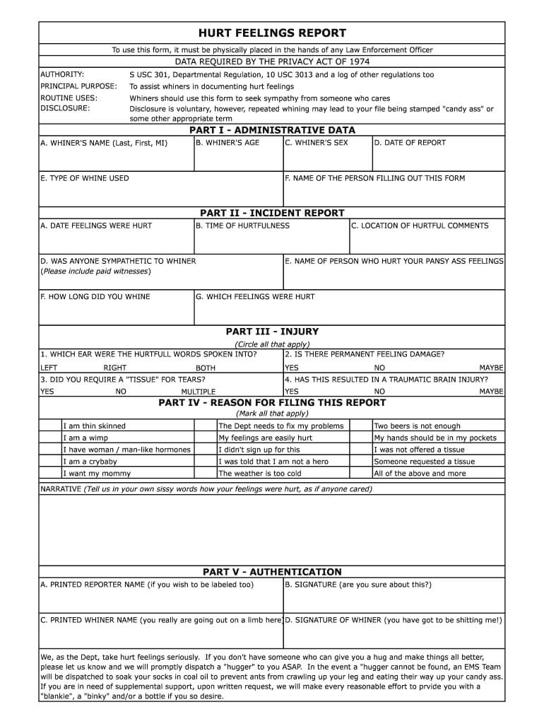 Hurt Feelings Report – Fill Online, Printable, Fillable With Regard To Hurt Feelings Report Template