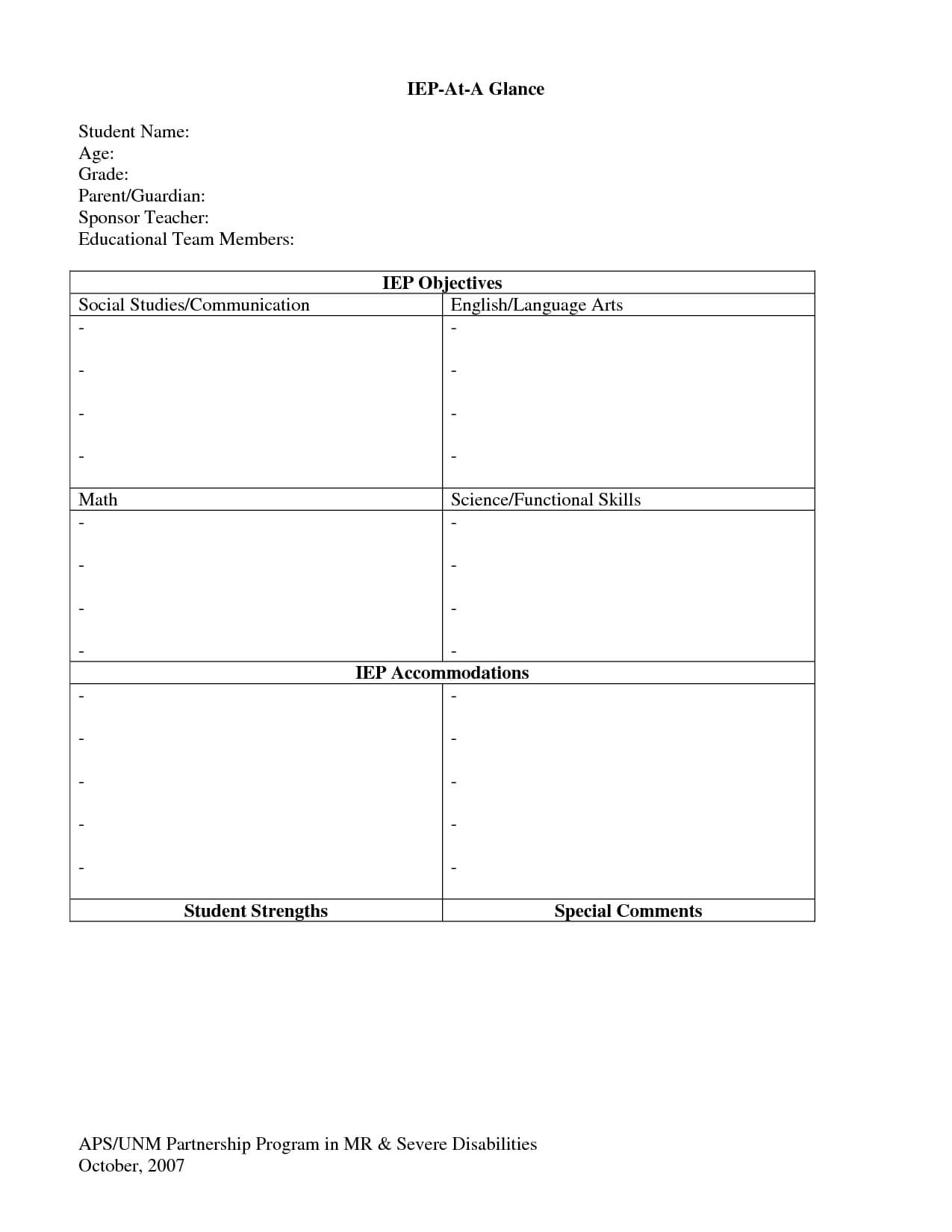 Iep At A Glance Template – | Special Education Autism, Iep With Regard To Blank Iep Template