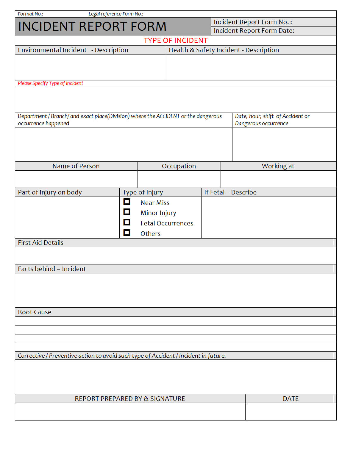 Incident Report Form - In Health And Safety Incident Report Form Template