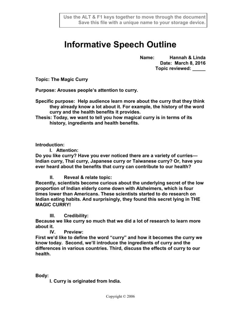 Informative Speech Outline Inside Speech Outline Template Word