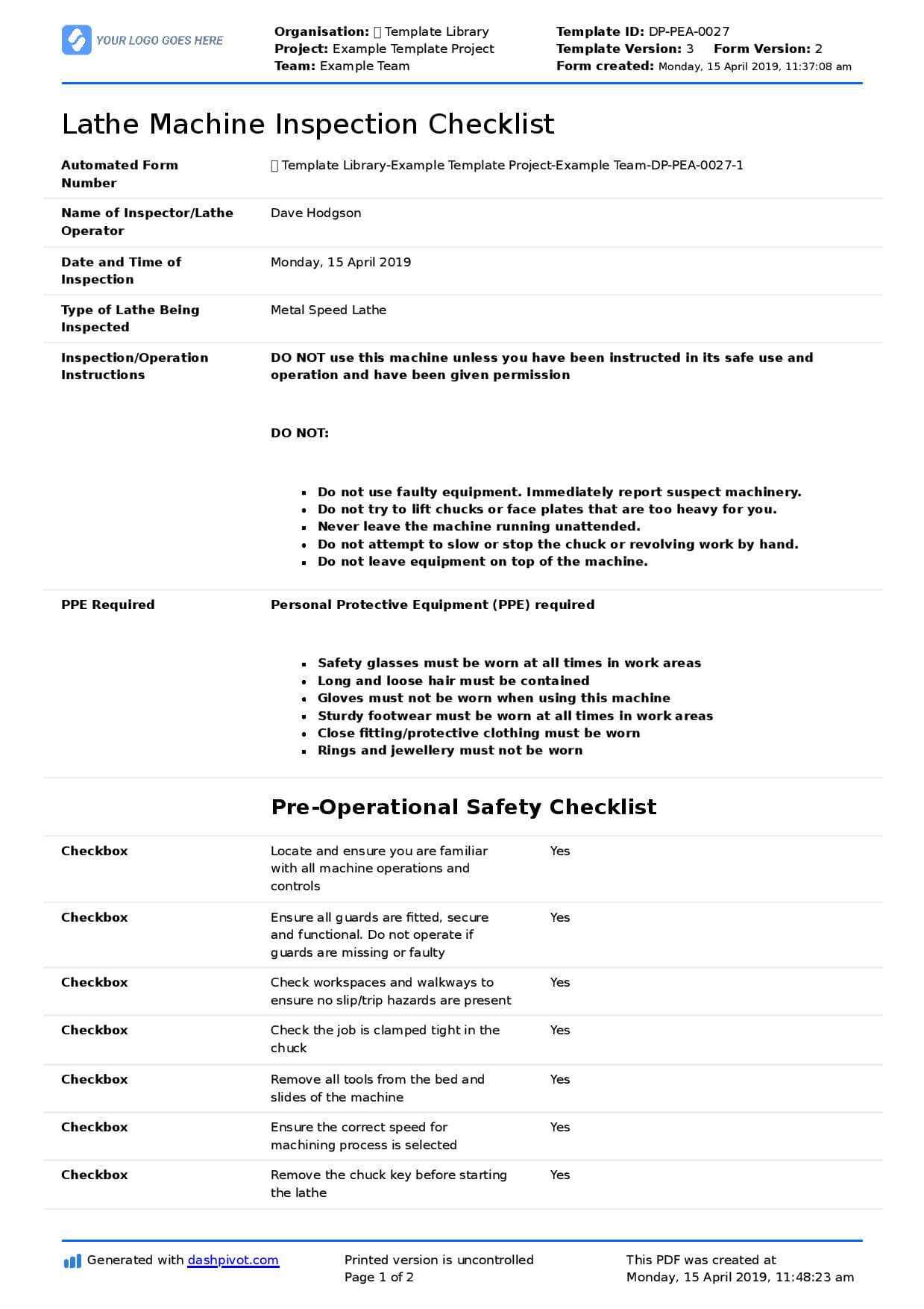 Inspection Spreadsheet Template Great Machine Shop Report With Regard To Check Out Report Template