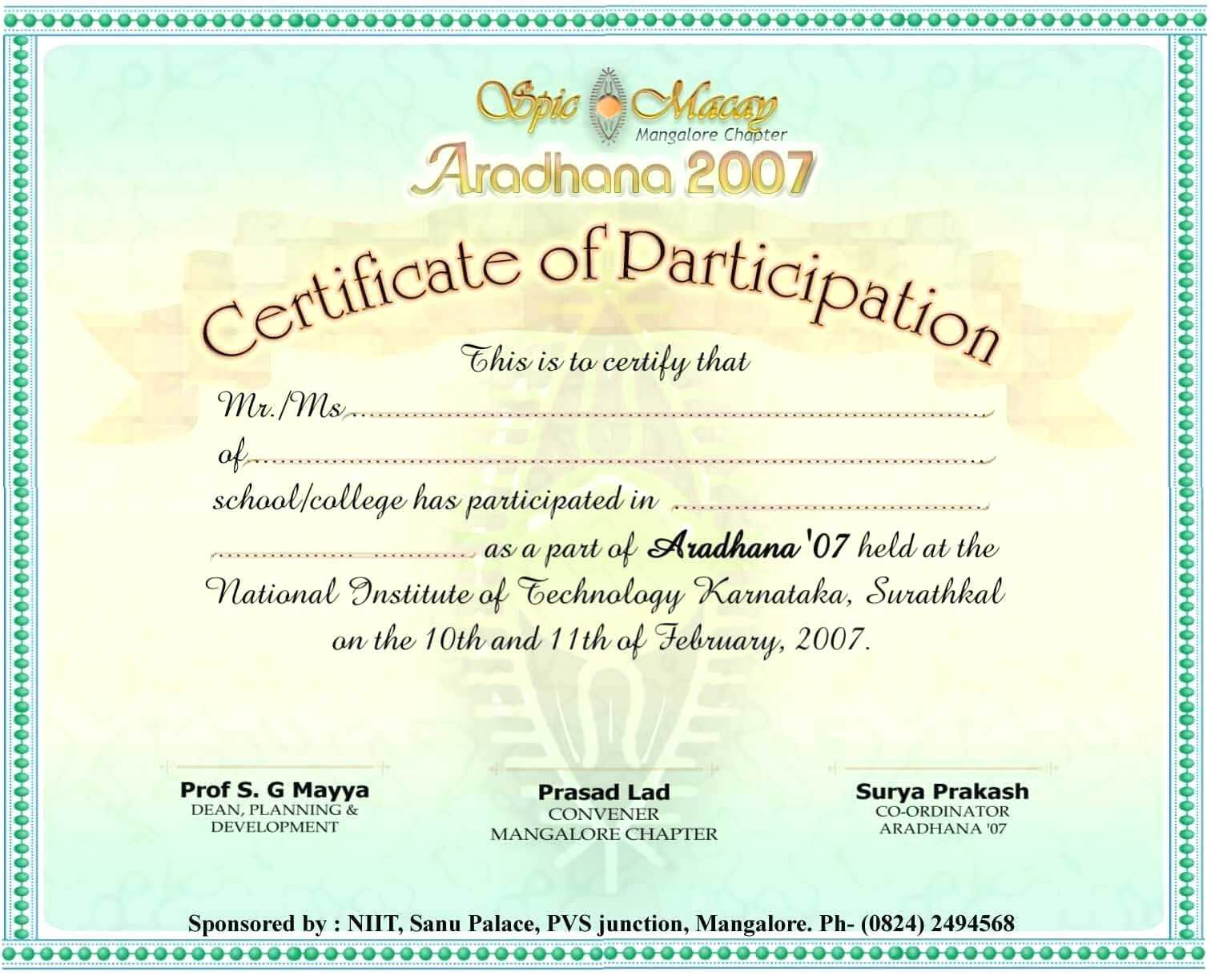 International Conference Certificate Templates – Shev With Certificate Of Participation Template Pdf