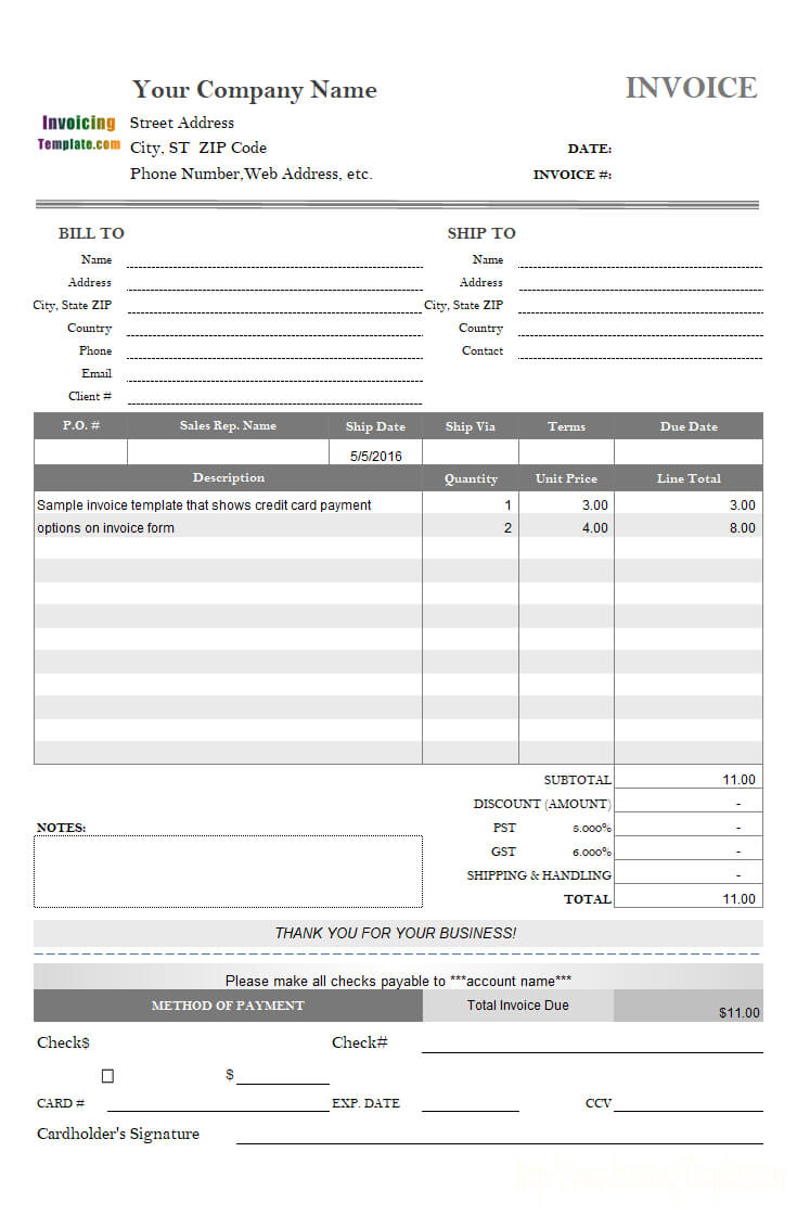 Invoice Template With Credit Card Payment Option In Credit Card Bill Template