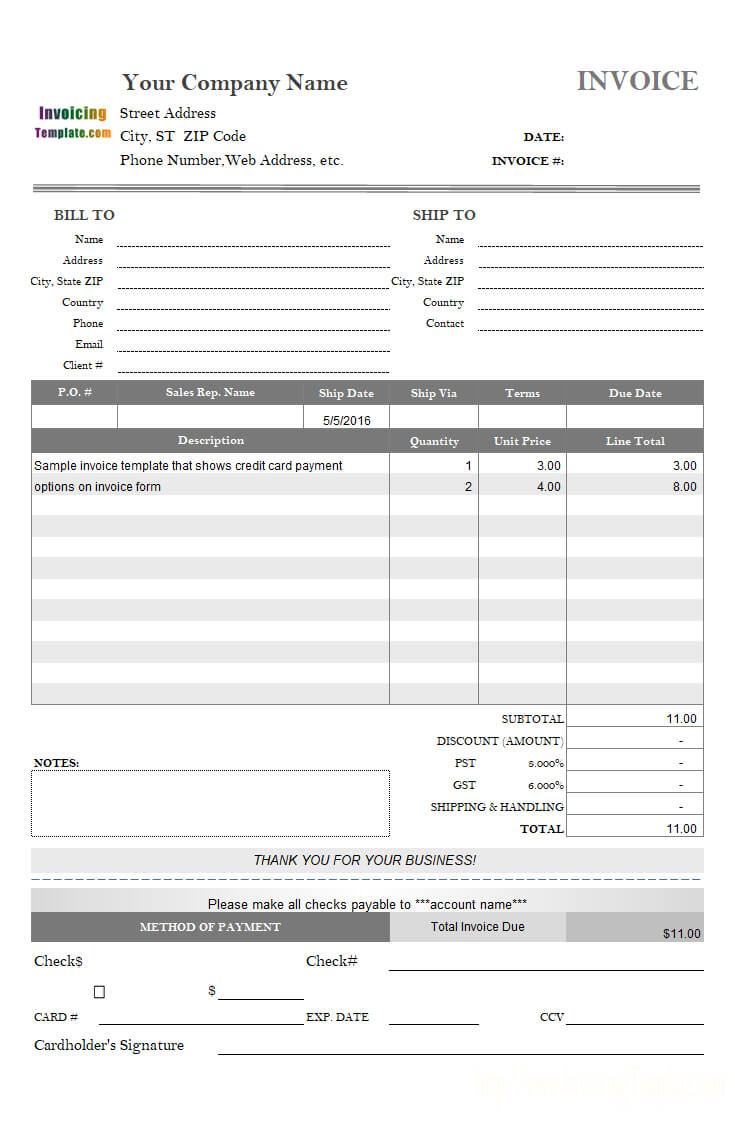 Invoice Template With Credit Card Payment Option With Credit Card Payment Slip Template