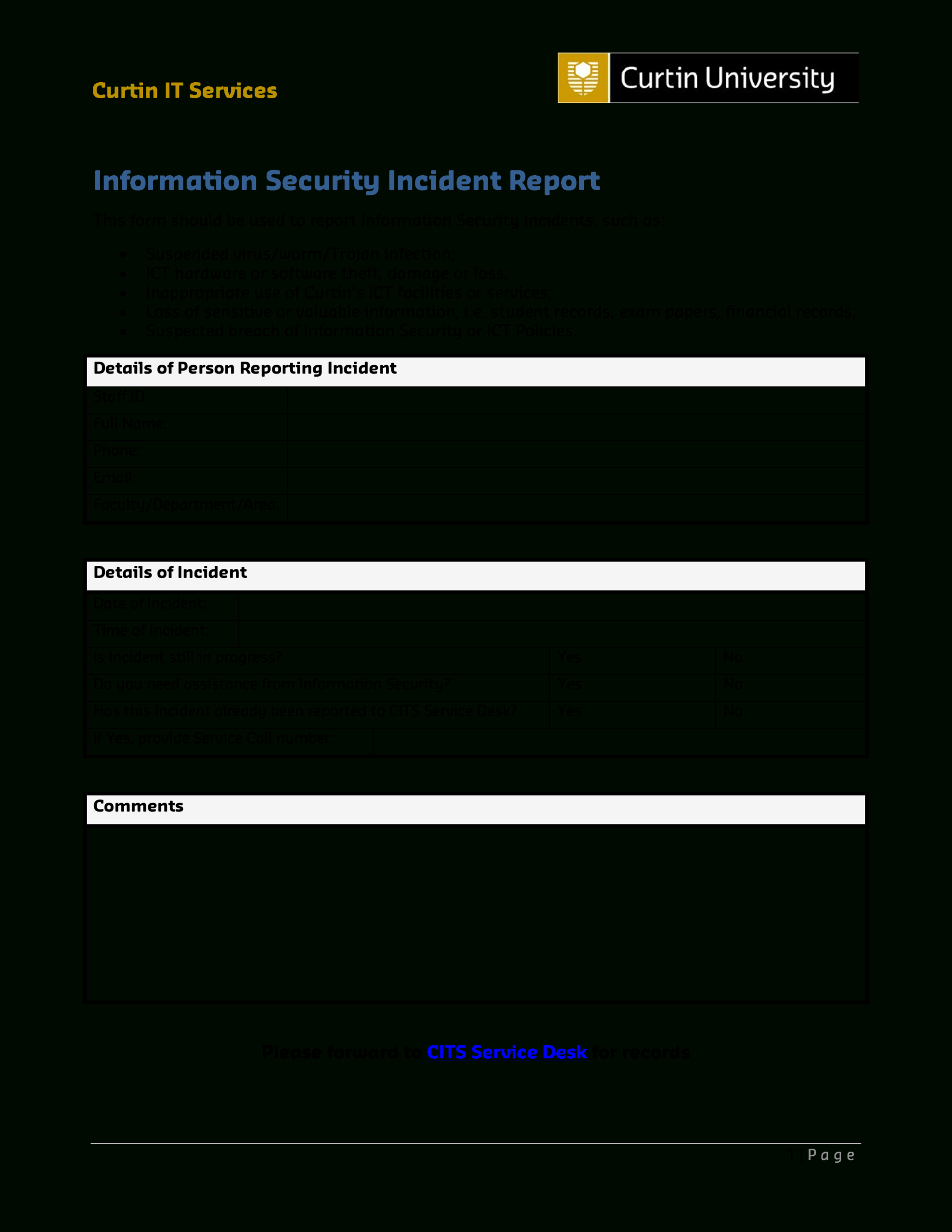 It Services Security Incident Report | Templates At With Serious Incident Report Template