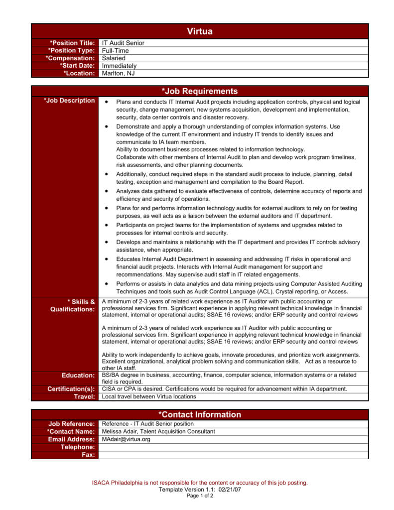 Job Requirements With Ssae 16 Report Template
