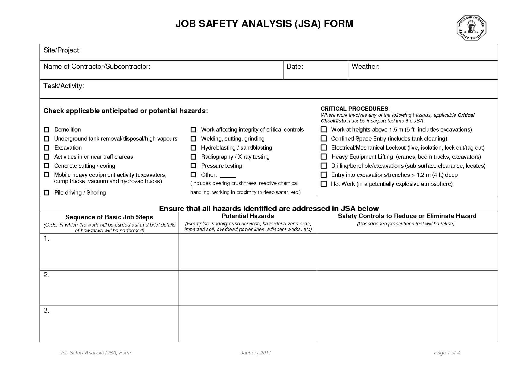 Job Safety Analysis Forms | Job Safety Analysis Form | Job Pertaining To Safety Analysis Report Template