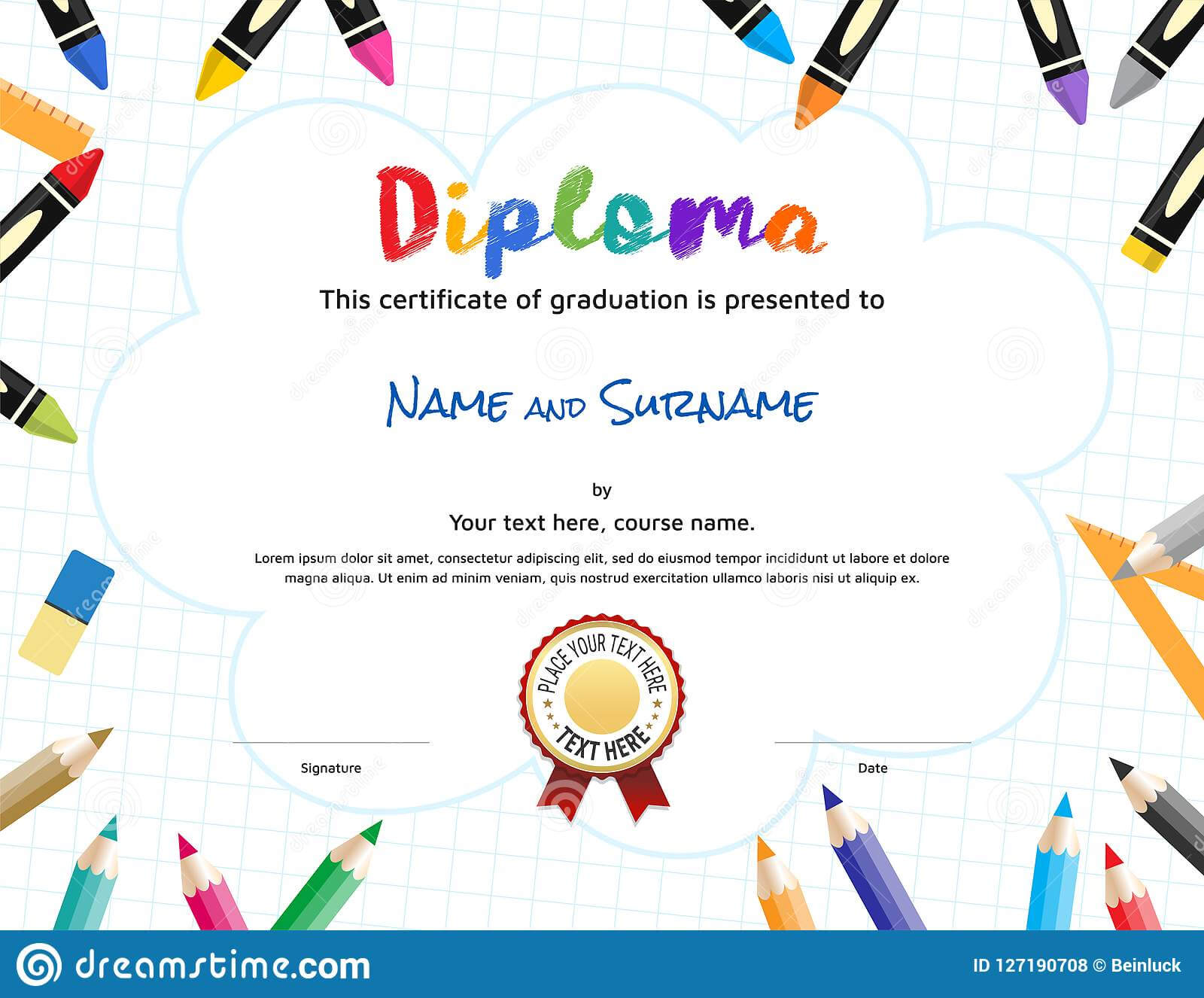 Kids Diploma Or Certificate Template With Painting Stuff For Preschool Graduation Certificate Template Free