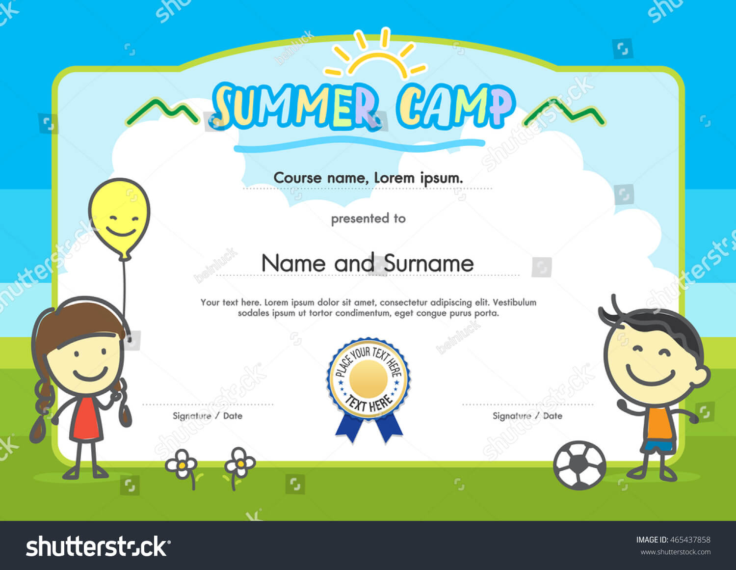 Kids Summer Camp Certificate Document Template Stock Vector Intended For Summer Camp Certificate Template