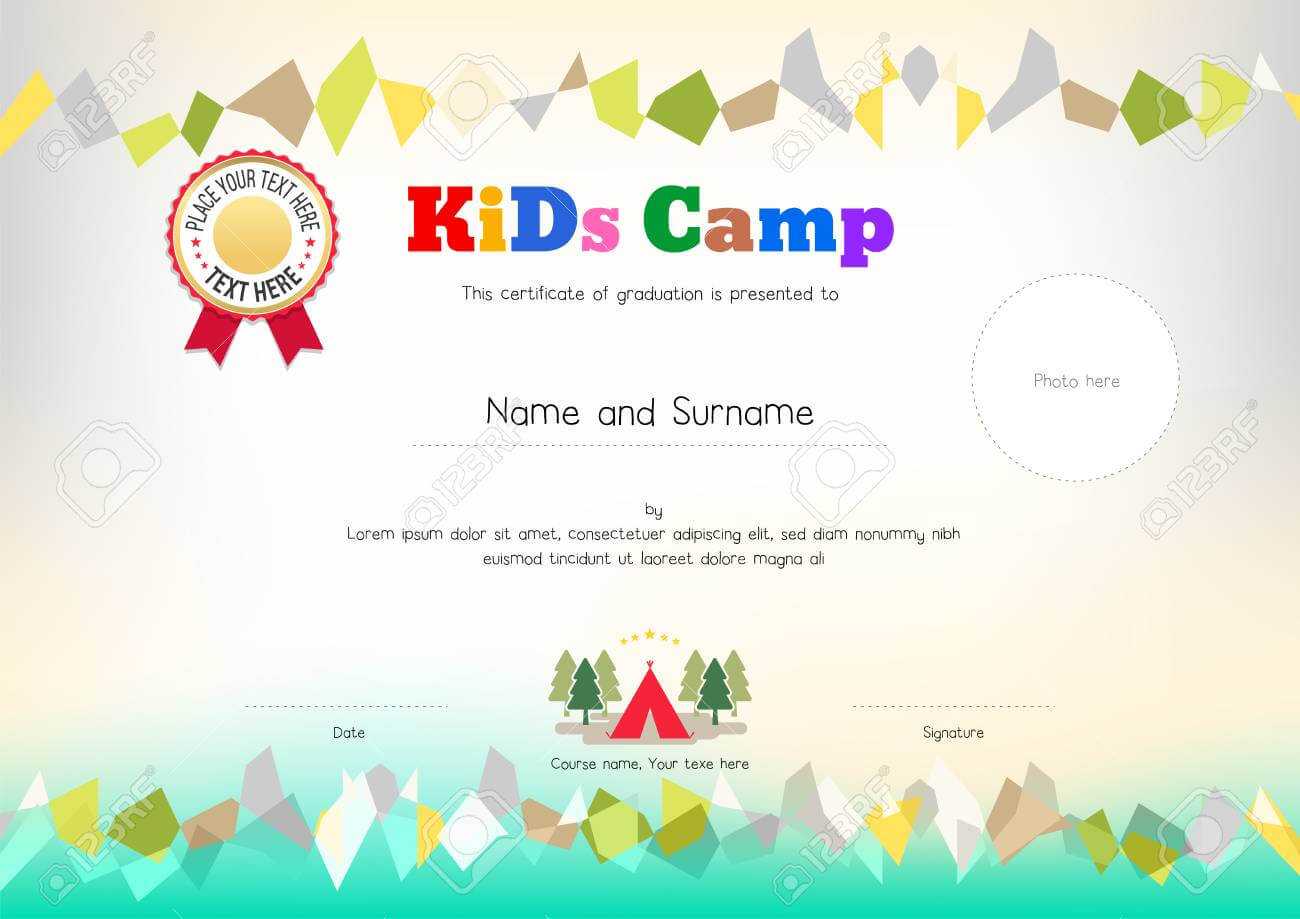 Kids Summer Camp Diploma Or Certificate Template Award Ribbon.. For Summer Camp Certificate Template