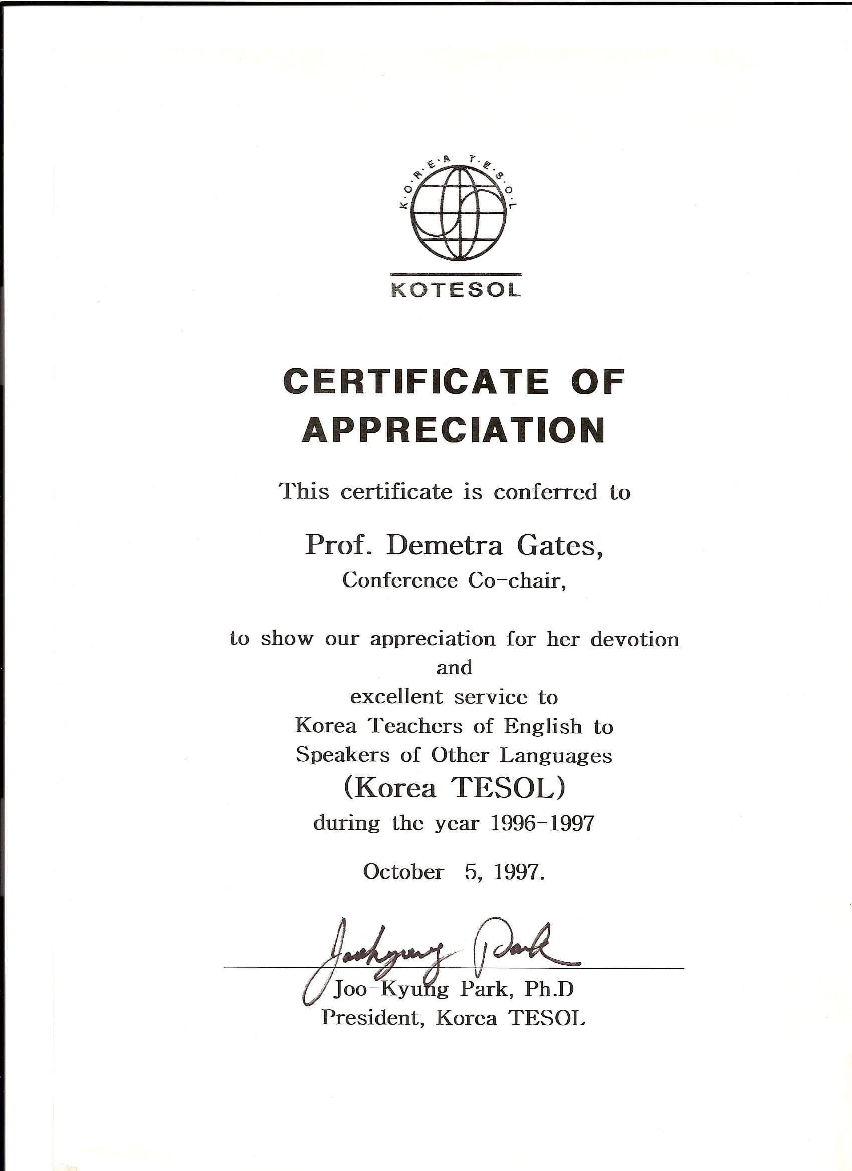 Kotesol Presidential Certificate Of Appreciation (1997 Pertaining To Recognition Of Service Certificate Template