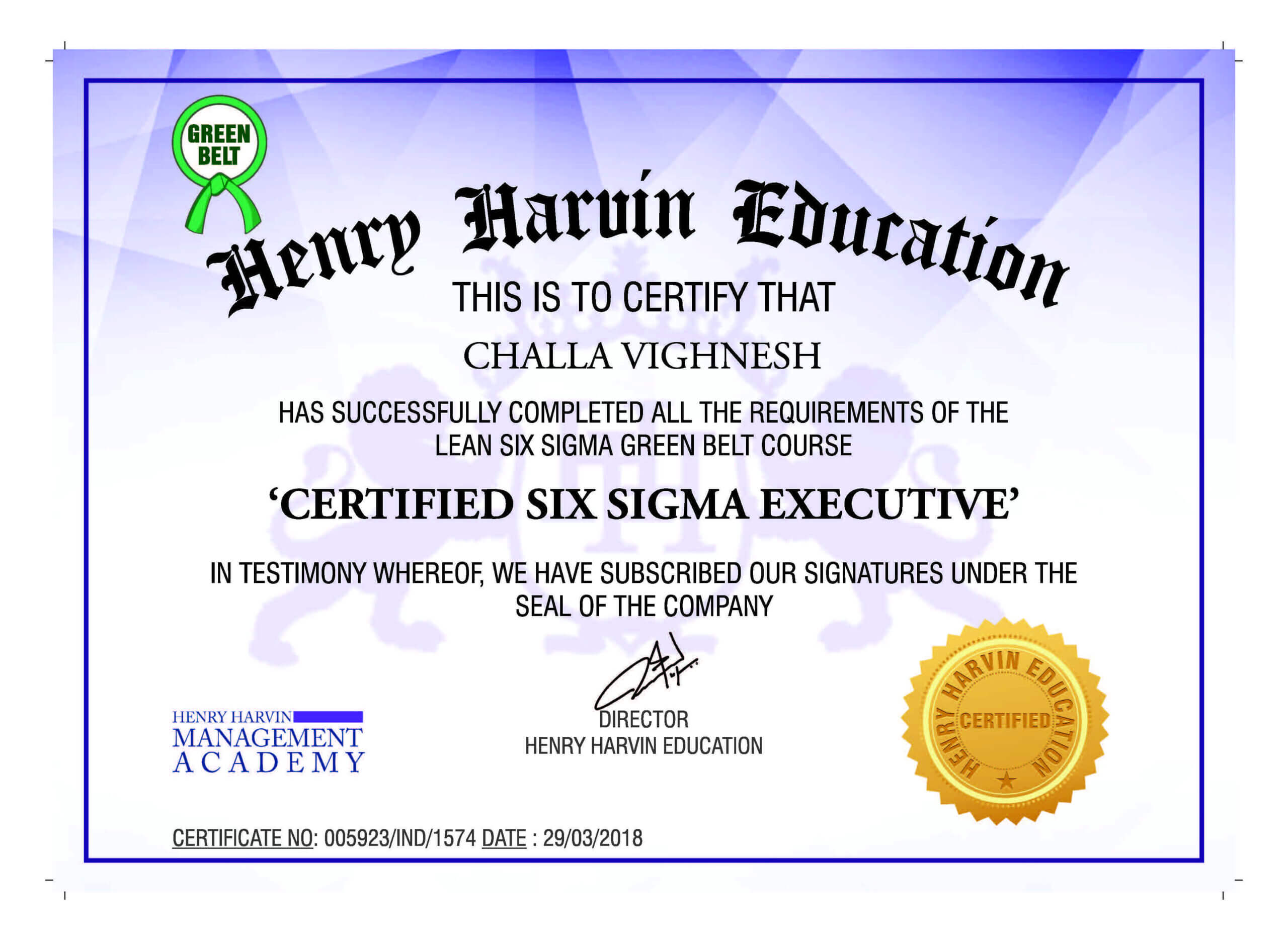 Lean Six Sigma Green Belt Certificationhenry Harvin Inside Green Belt Certificate Template