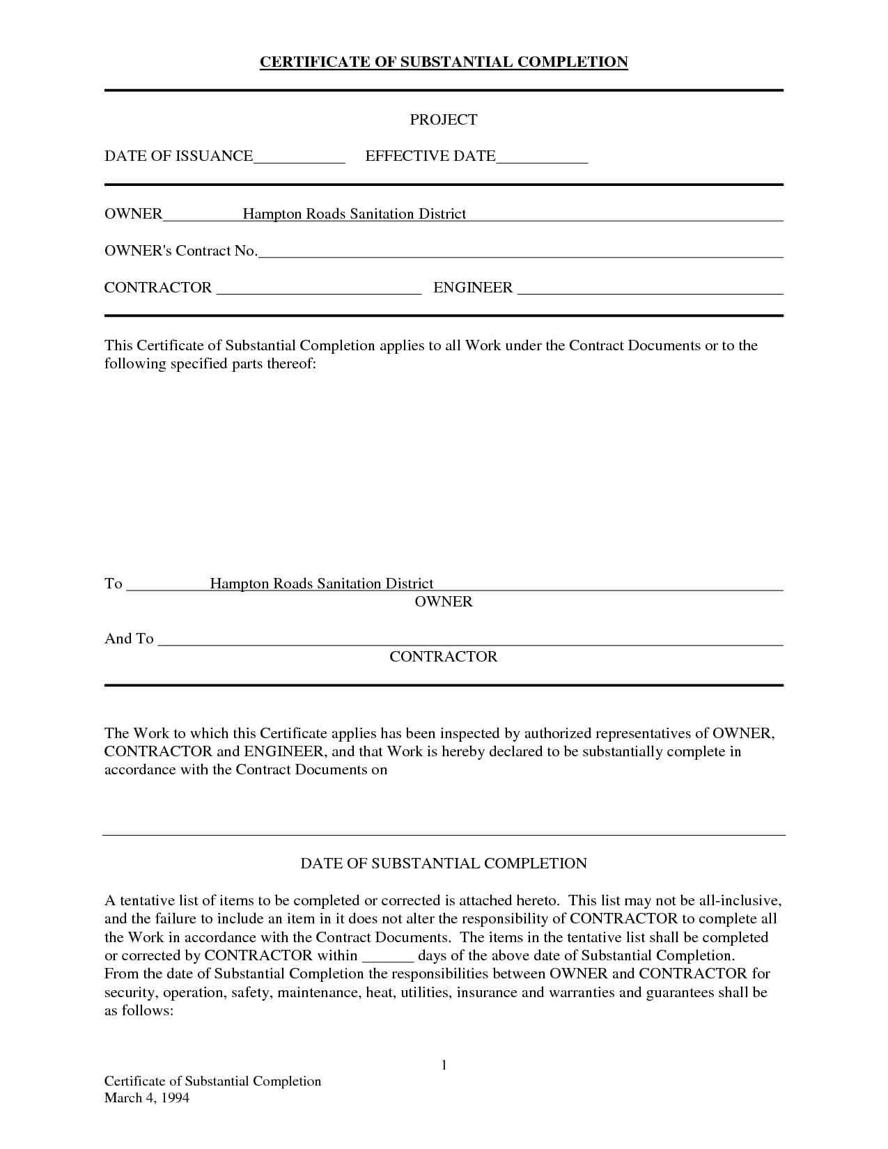 Letter Of Substantial Completion – Free Printable Documents Throughout Certificate Of Substantial Completion Template