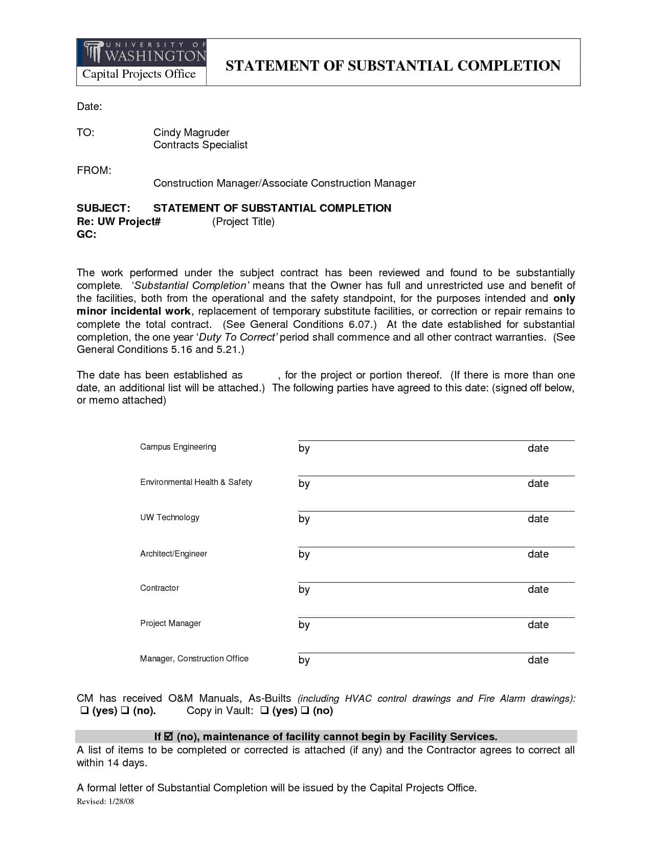 Letter Of Substantial Completion – Free Printable Documents With Certificate Of Substantial Completion Template